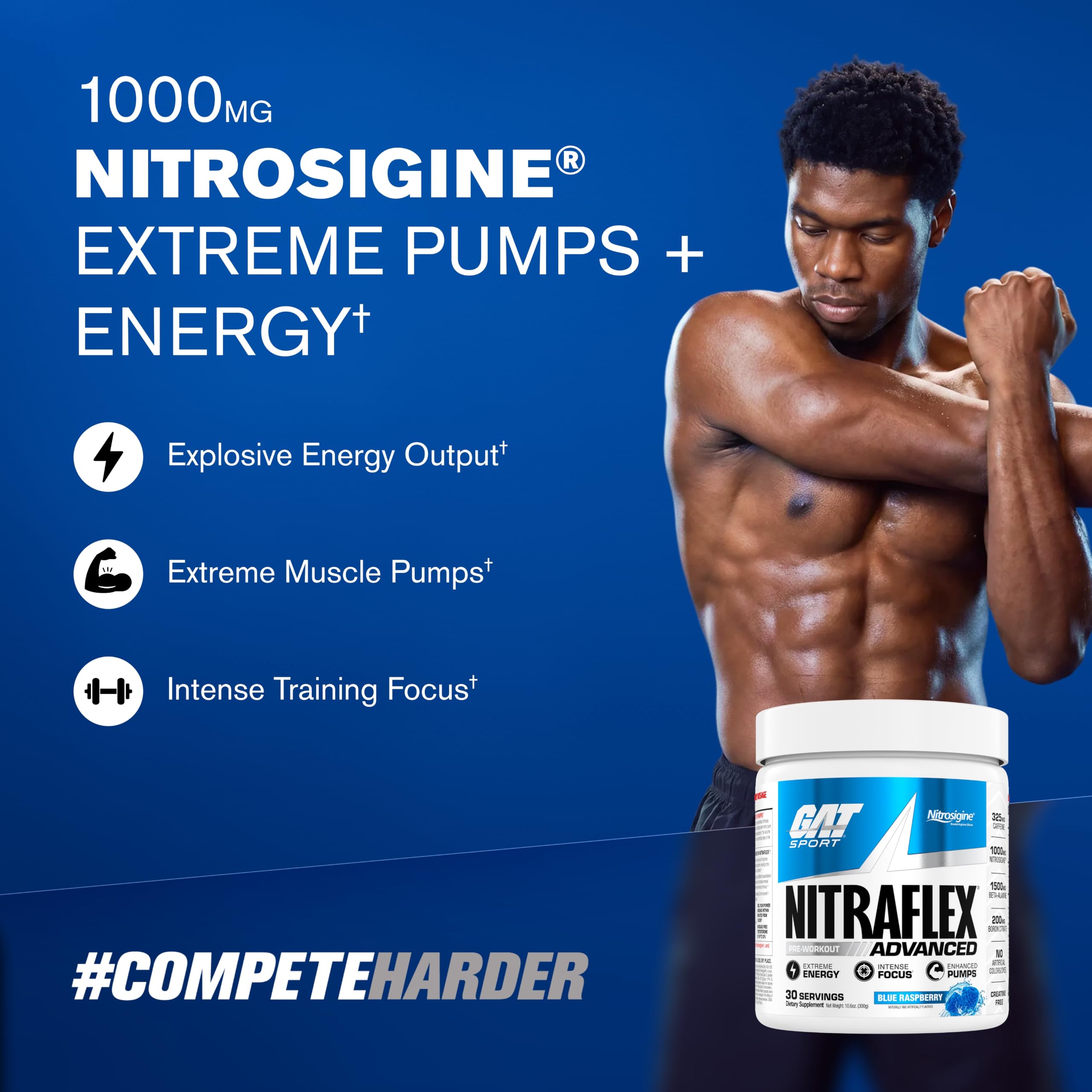 GAT SPORT NITRAFLEX Advanced, Blue Raspberry, 10.6 oz (30 Servings) — Amazon image 2
