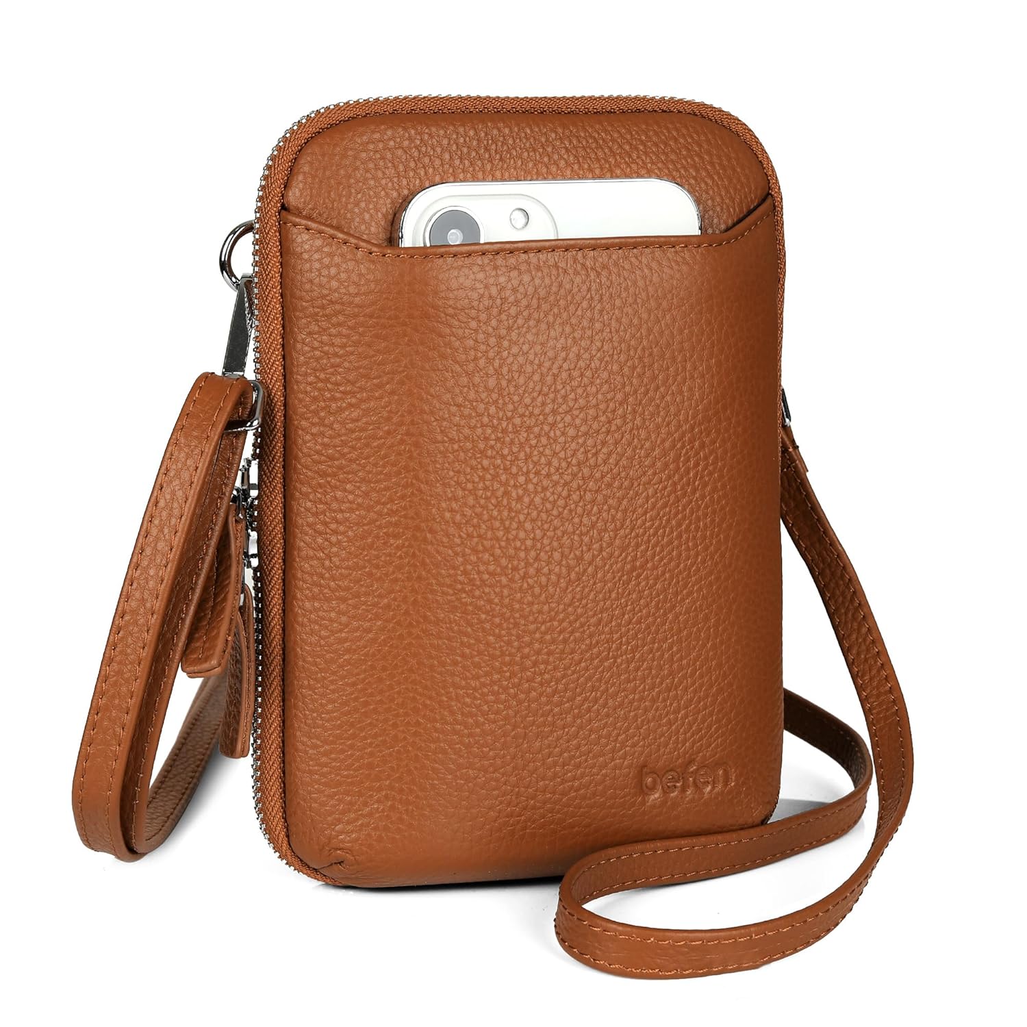 befen Genuine Leather Crossbody Cell Phone Purse for Women Small Zip Around RFID Blocking Crossbody Wallet Bags
