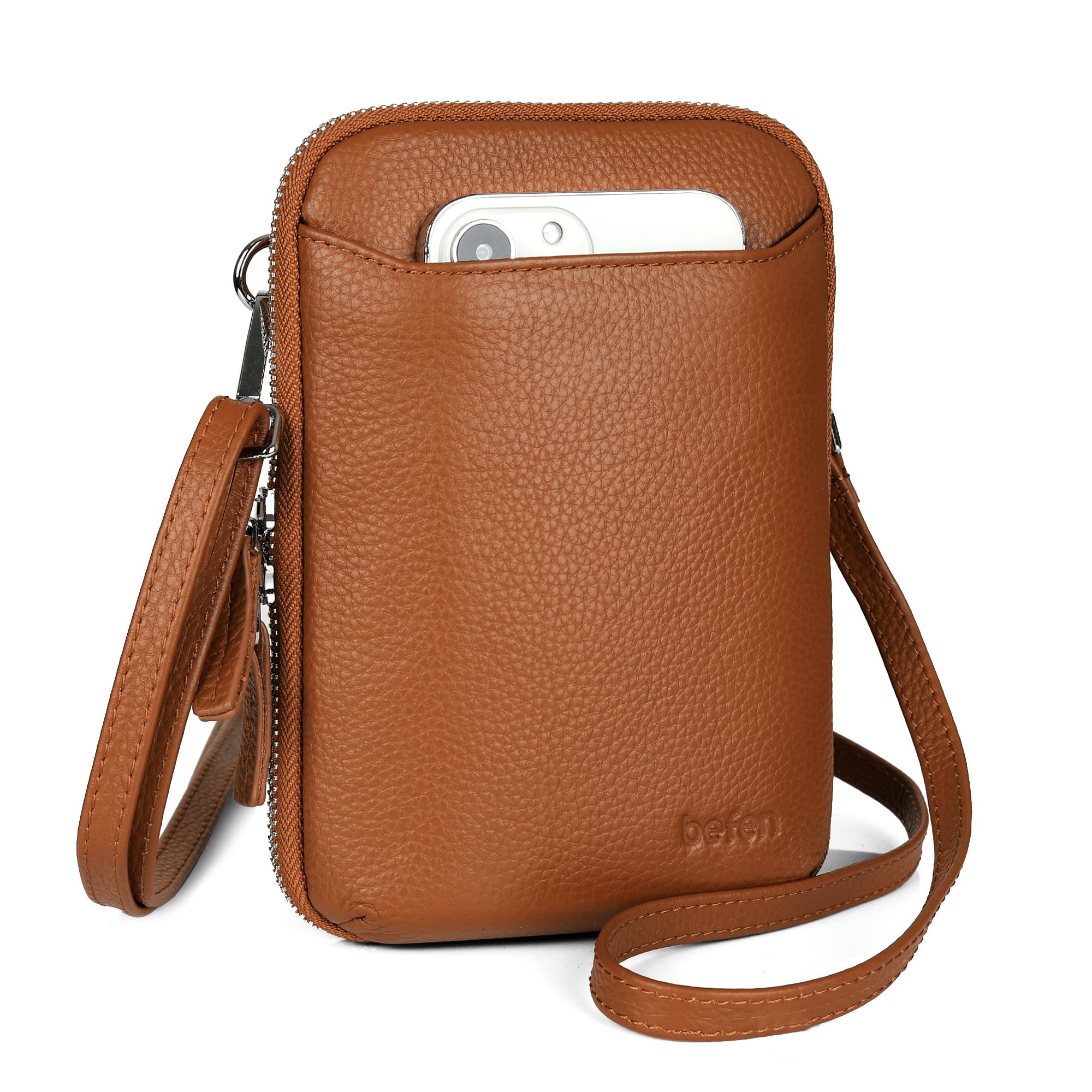 befen Genuine Leather Crossbody Cell Phone Purse for Women, Small Zip Around RFID Blocking Crossbody Wallet Bags