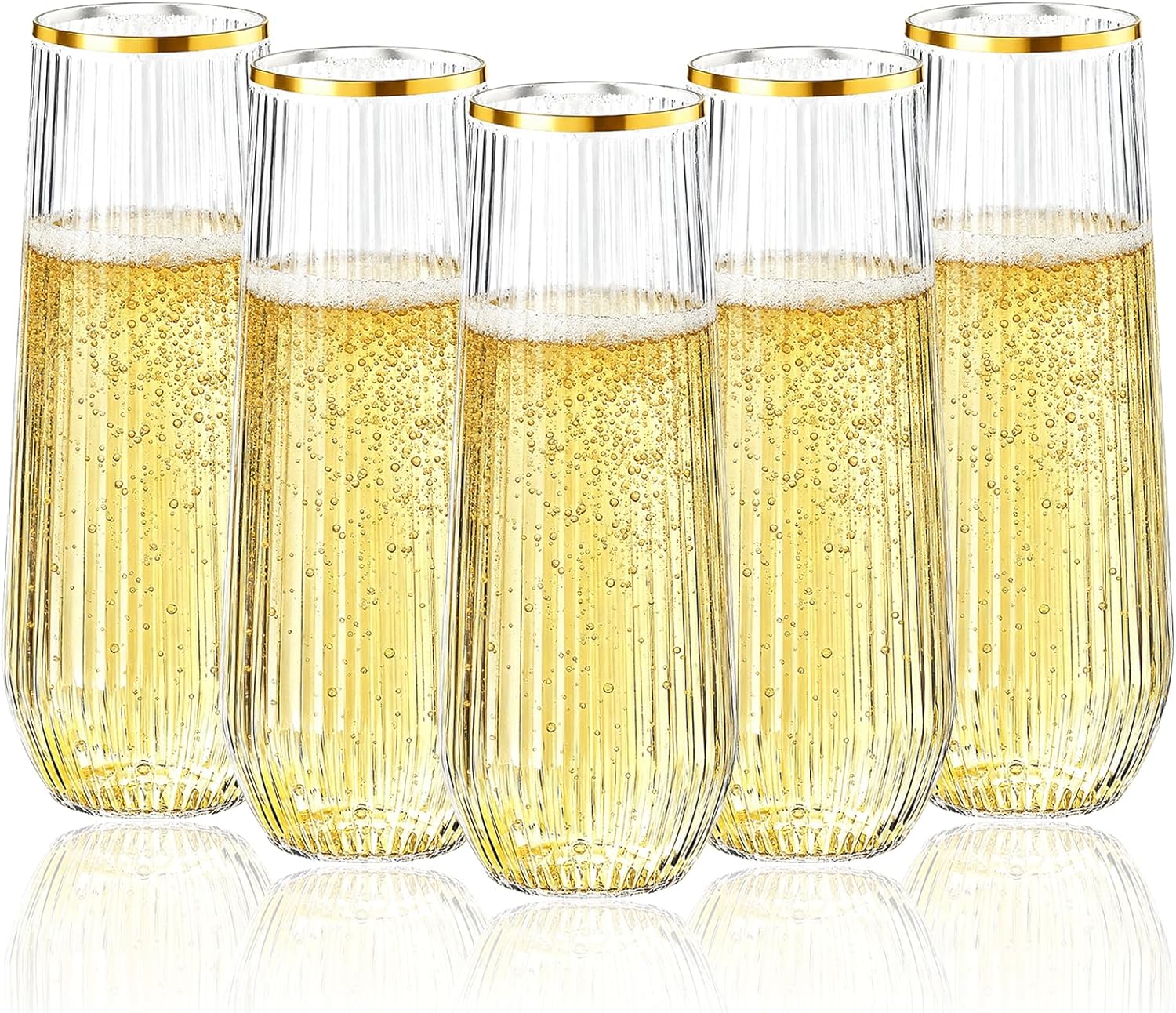 Goodluck 48pack Clear Stemless Plastic Champagne Flutes with Gold Rim，9oz Ribbed Stemless Toasting Glasses，Champagne Flutes Plastic for Weddings, Bars, Events, Party And Celebrations