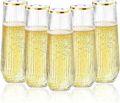 Goodluck 24pack Clear Stemless Plastic Champagne Flutes with Gold Rim,9oz Ribbed Stemless Toasting Glasses,Champagne Flutes Plastic for Weddings, Bars, Events, Party And Celebrations