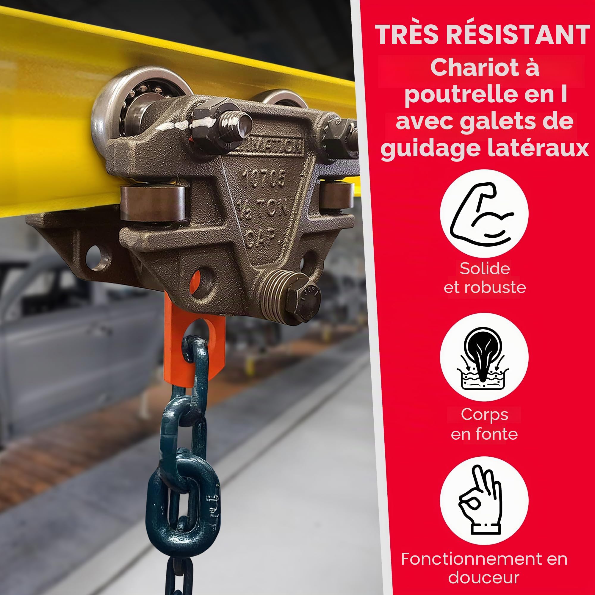 Ultimation Chariot à Poutre en I avec Rouleaux de Guidage latéraux – Idéal pour Les usines d'assemblage Automobile – Qualité Industrielle, Haute capacité de Charge Compatible avec Les systèmes de