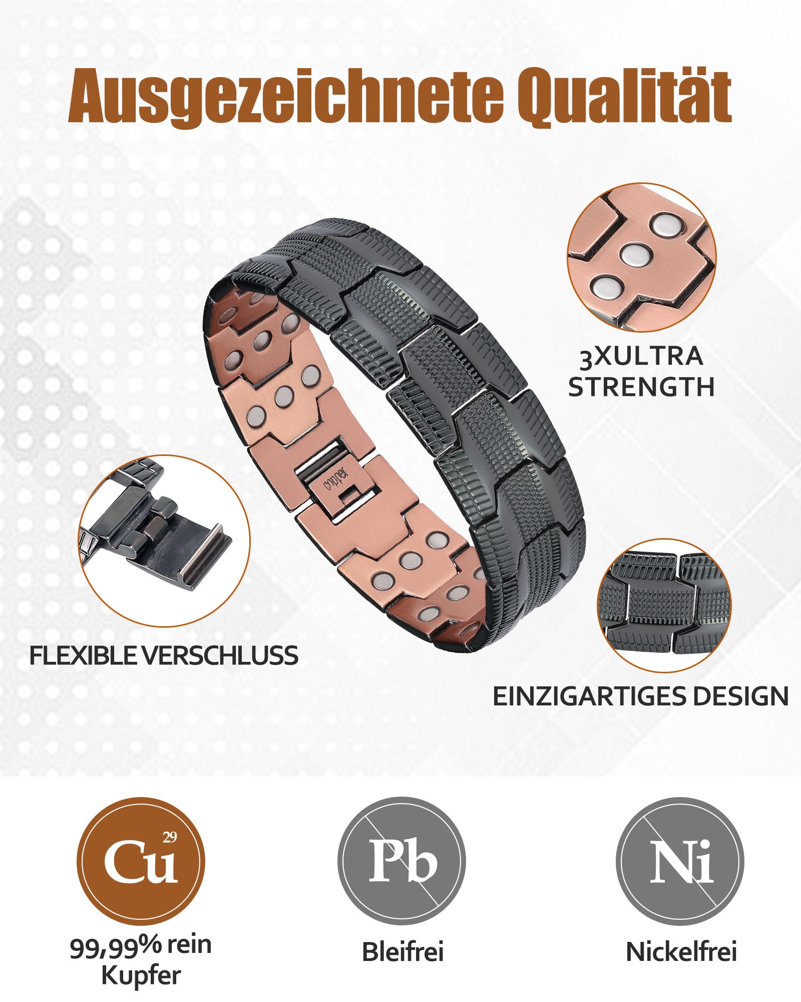 Jecanori Bracelet magnétique en cuivre pour homme, 3 rangées magnétiques réglables pour homme, bracelet en cuivre 3500 gauss aimants, anneaux et boîtes cadeaux (noir), 22 cm, Cuivre
