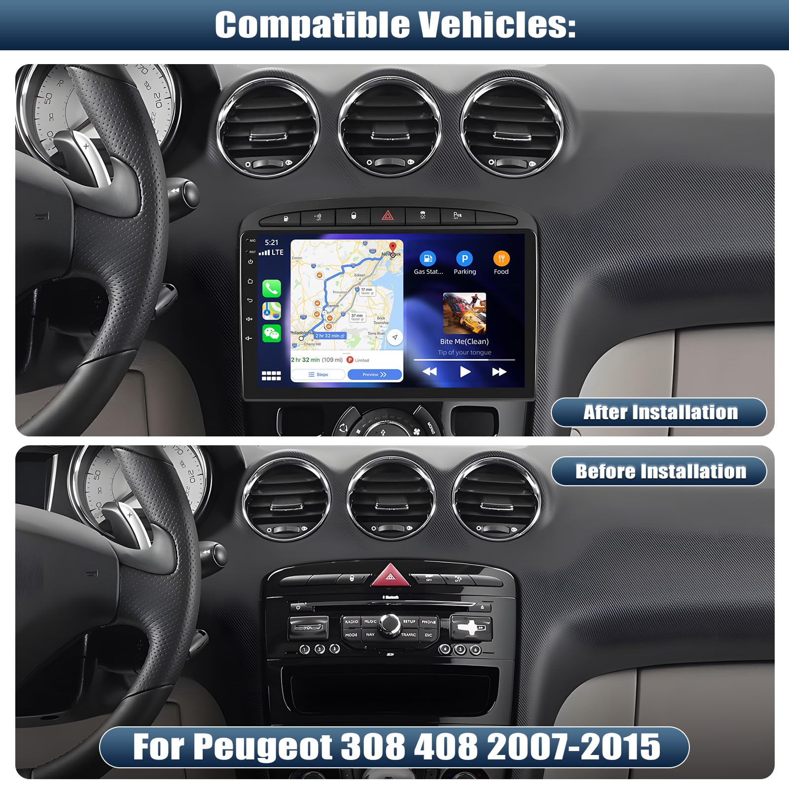 Carplay 206 Autoradio Carplay Android Auto Pour Peugeot 308 408 2007-2013 - Écran Tactile IPS, Bluetooth, Qualité Son Améliorée Autoradio Compatible