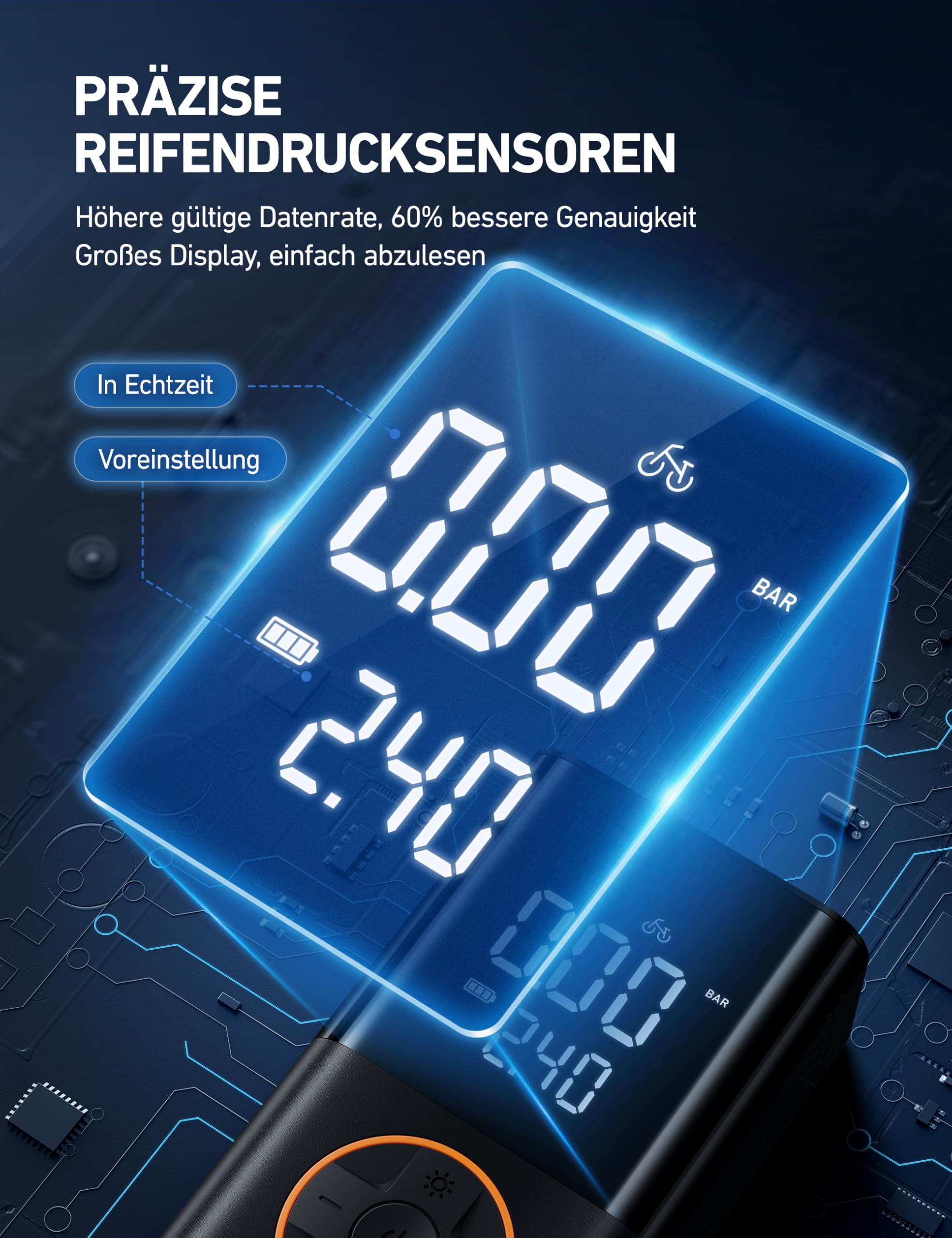 AstroAI Kabelloser Elektrische Luftpumpe, Tragbare Akku Fahrradpumpe mit alle ventile, LED-Licht, Wiederaufladbare Reifenpumpe für Fahrrad, E-Bike, Auto, Motorrad, Bälle, Schwarz - 4