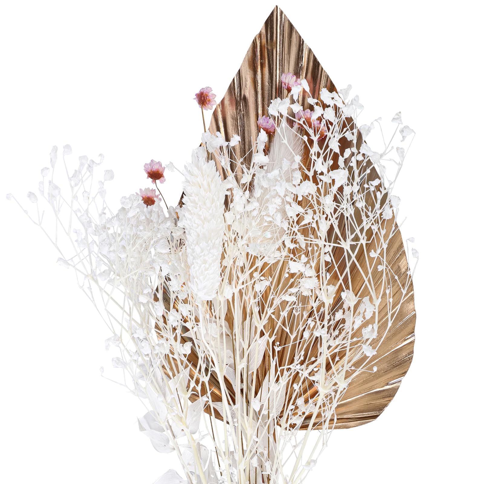 Kinwodon Gold Dried Flower Bouquet for Golden Palm Leaf, Rich Gem Grass, Dream, Pink Little Star and Bunny Tails Cake Toppers Decoration Craft DIY Home Living Room Wedding, TUG139324