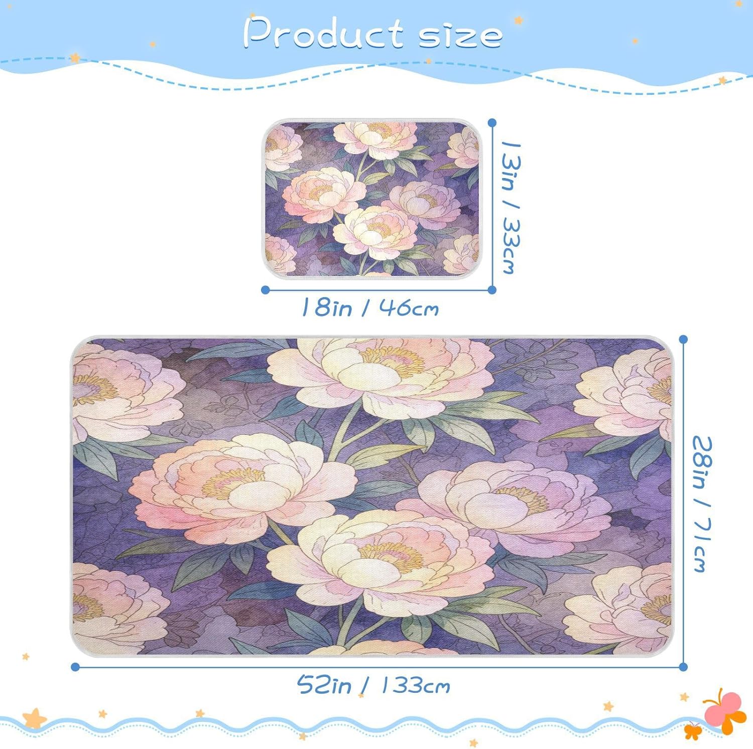 Cooling Baby Mattress pad Waterproof 28" x 52" Washable Elegant Blush Pink Purple Vintage Floral Bed pad for Kids, Adult
