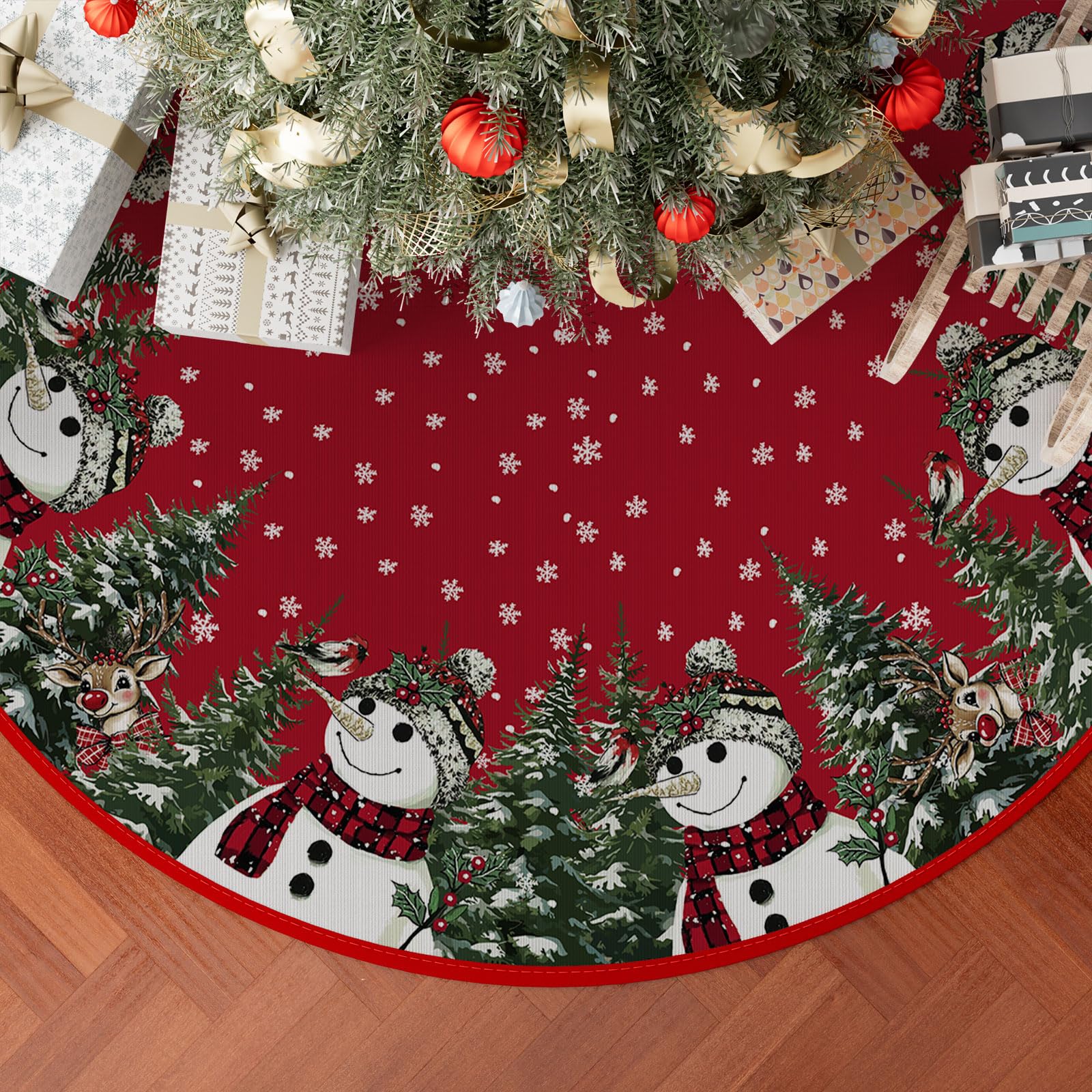 XCHI Snowman Deer Pine Trees Christmas Tree Skirt Party Decorations for Home Xmas Holiday Winter Indoor Decro 48 Inch