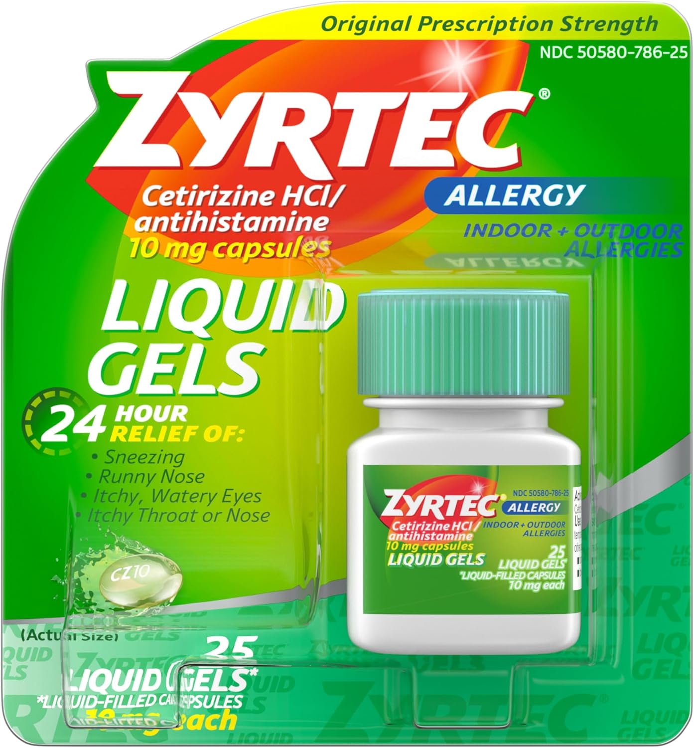 Zyrtec 24 HR Indoor/Outdoor Allergy Relief Liquid Gels Capsules, Cetirizine HCI Antihistamine, 25 ct