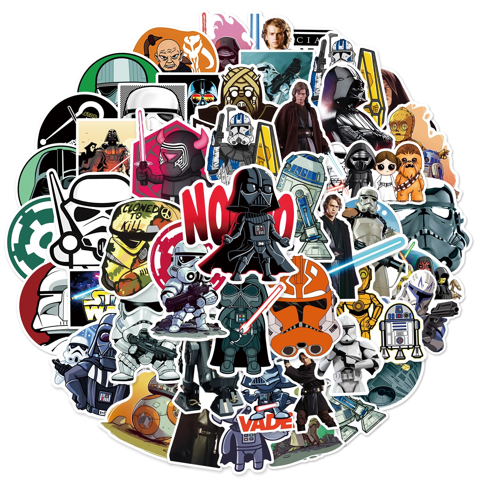 50Pcs Cute Cartoon Star Wars Stickers Movie Decorative Waterproof Stickers Decals for Water Bottle,Laptop,Phone,Skateboard for Teens & Adults (Xqdz)
