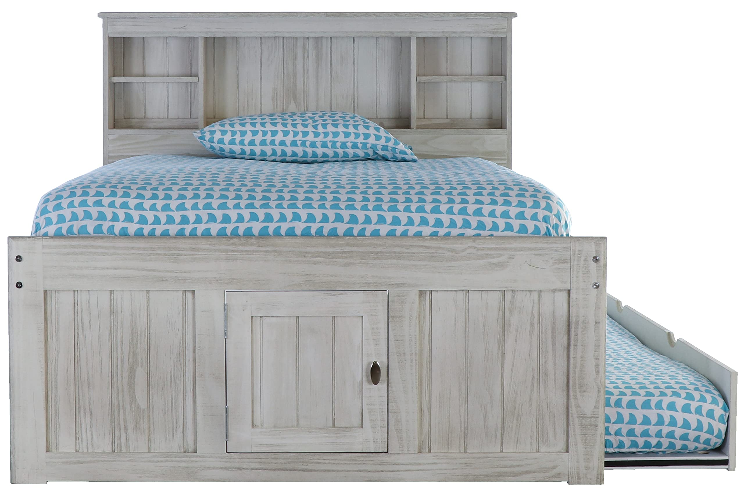 Discovery World Furniture Full Size Captain Bed | 3 Drawers, Twin Trundle | Ash Grey | Bookcase Headboard | Kids' Bedroom Furniture
