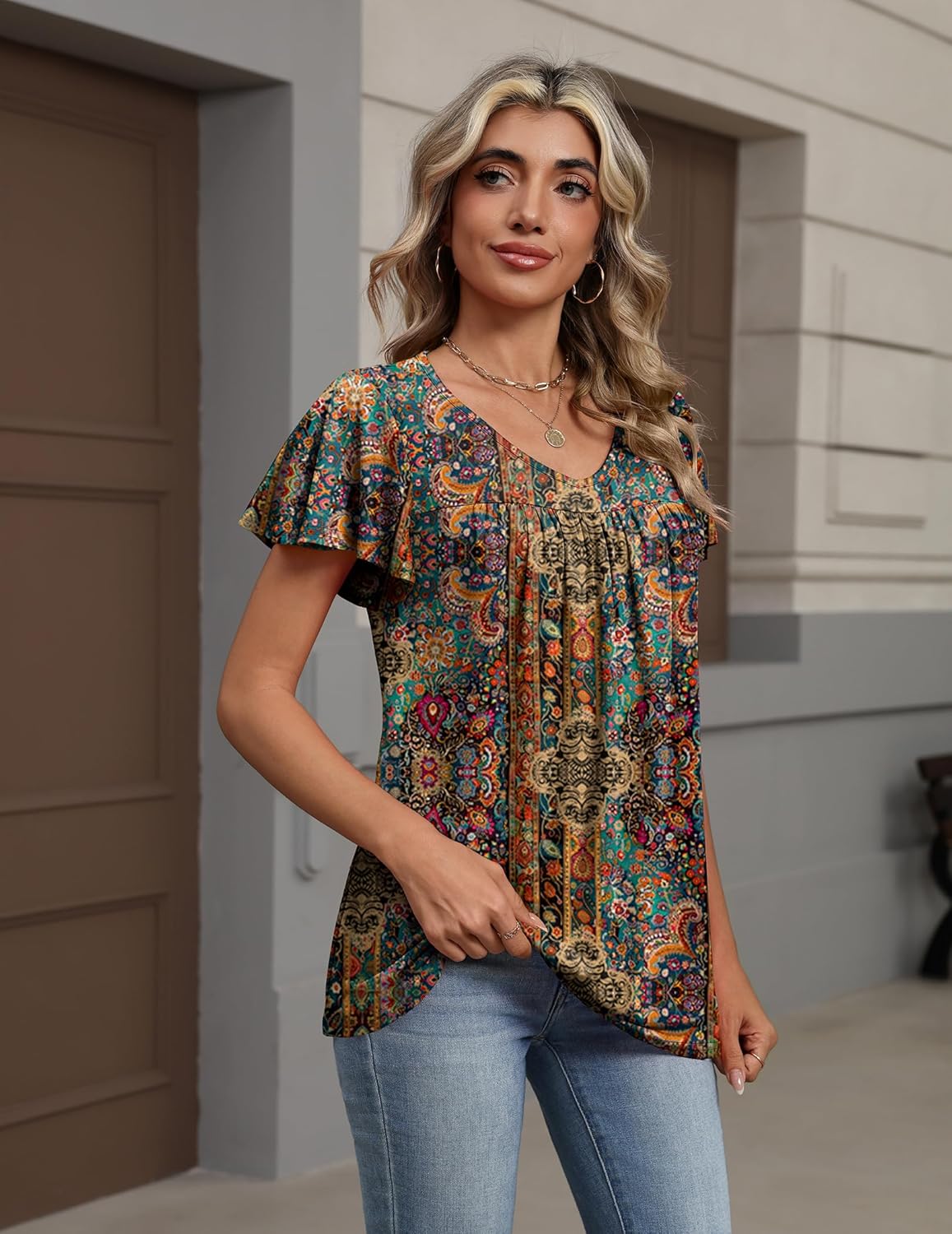 Zeagoo Women Tops Summer Ruffle Short Sleeve Shirts V Neck T Shirts Pleated Tunic Tops Work Blouses Business Outfits - Image 3