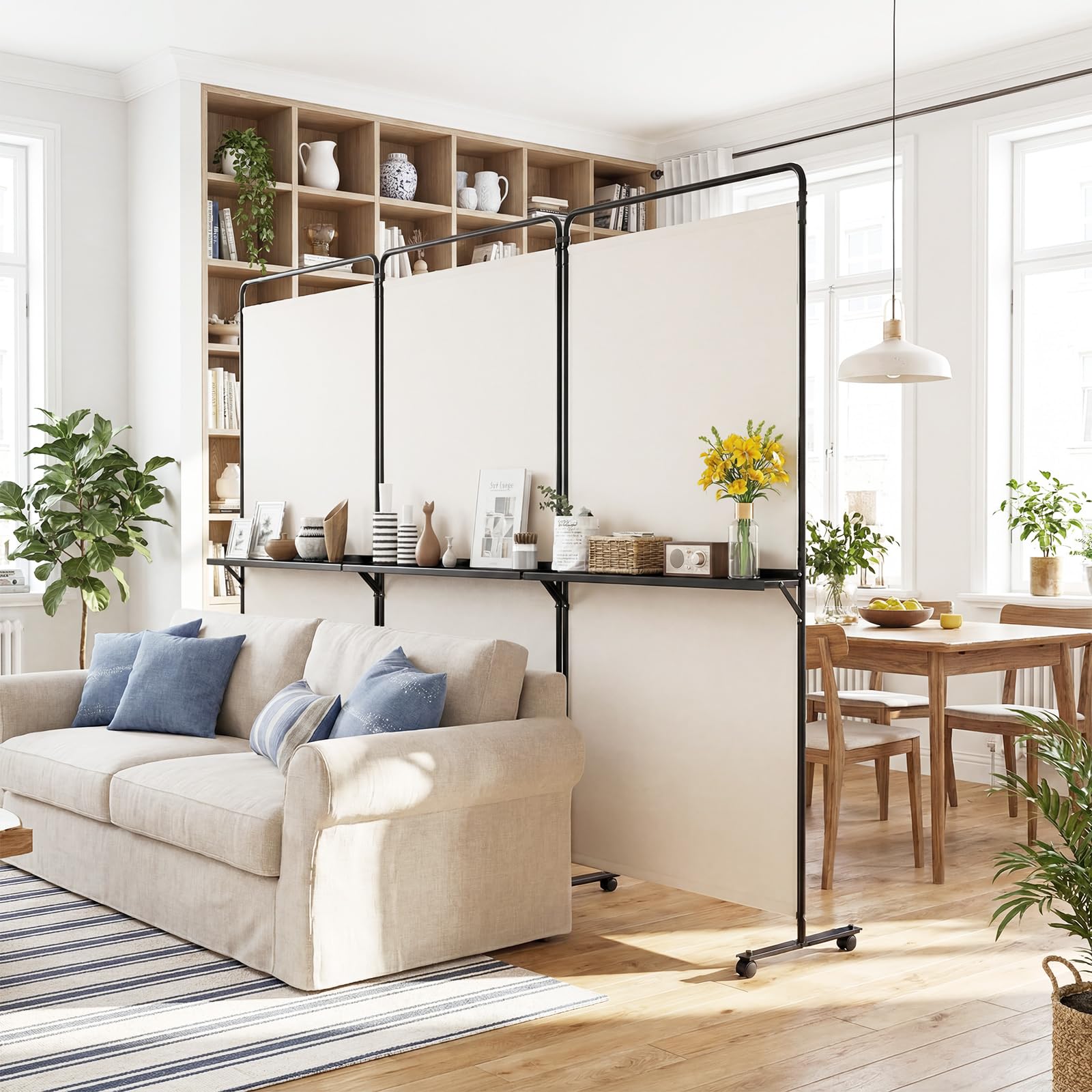 COSTWAY Paravento Interno 3 Ante con 8 Ruote Bloccabili e Ripiani (Bianco) | Separe Divisorio Pieghevole con Scaffale Portaoggetti, Tessuto Resistente e Opaco per Salotto, Camera da Letto e Ufficio
