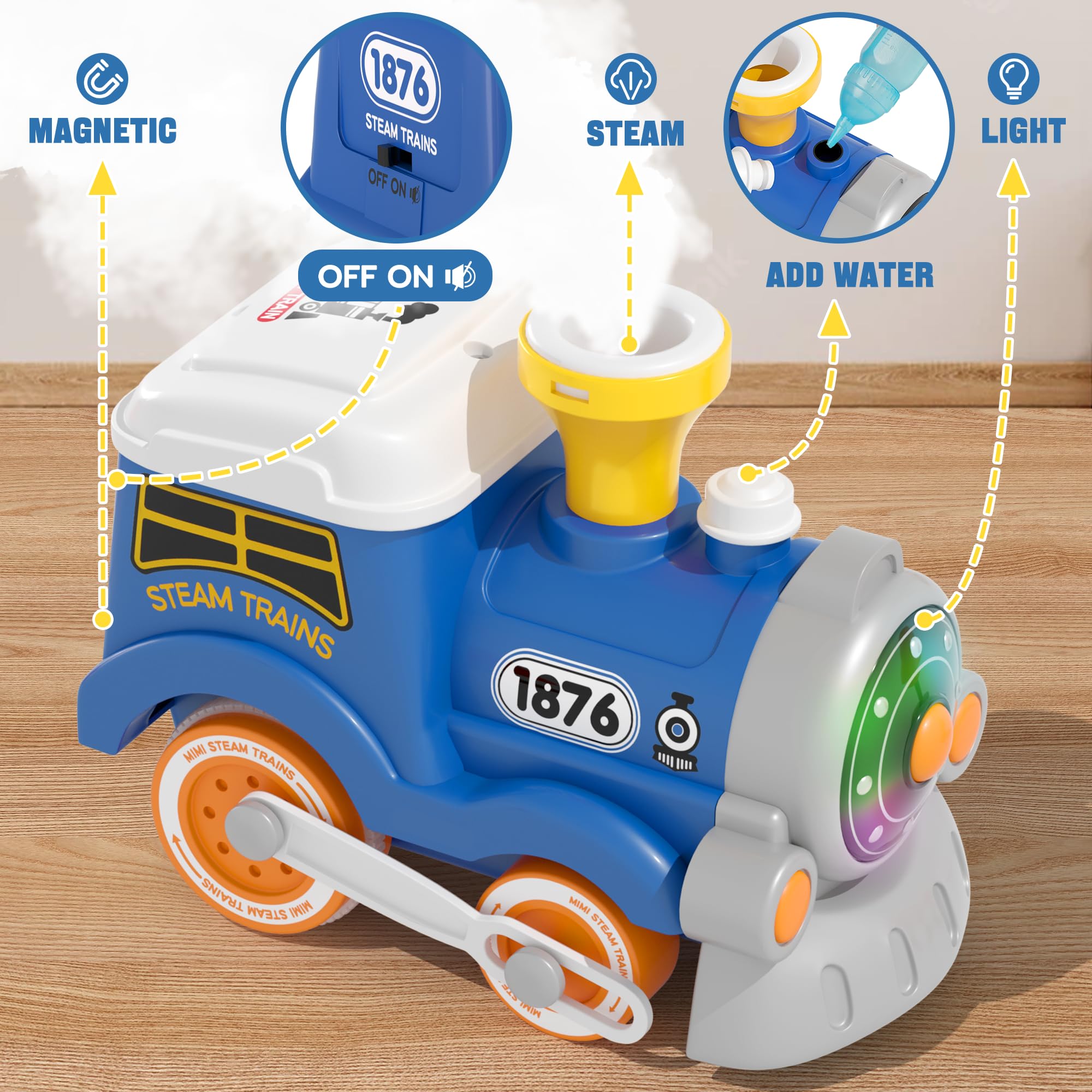 MORECOLL Ensemble de train pour tout-petits avec vapeur, musique et lumières – Train Choo Choo pour tout-petits, ensemble de train électrique pour enfants, jouets de train magnétiques, cadeaux de Noël