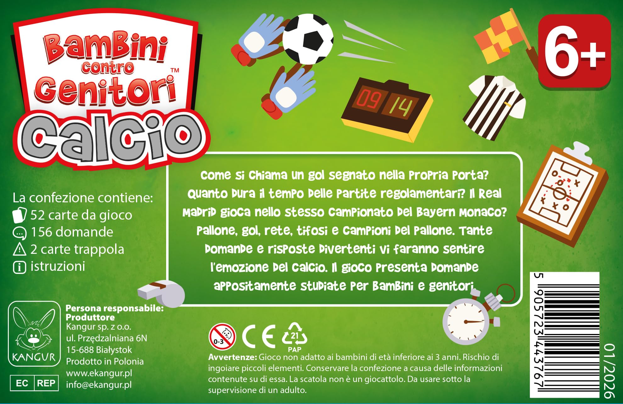 KANGUR Bambini Contro Genitori Calcio Quiz 54 Carte Gioco di Domande Calcio per Bambini e Famiglie Gioco da Tavolo Educativo Anni 6+ Gioco Compatto Regalo per Piccoli Calciatori e Tifosi