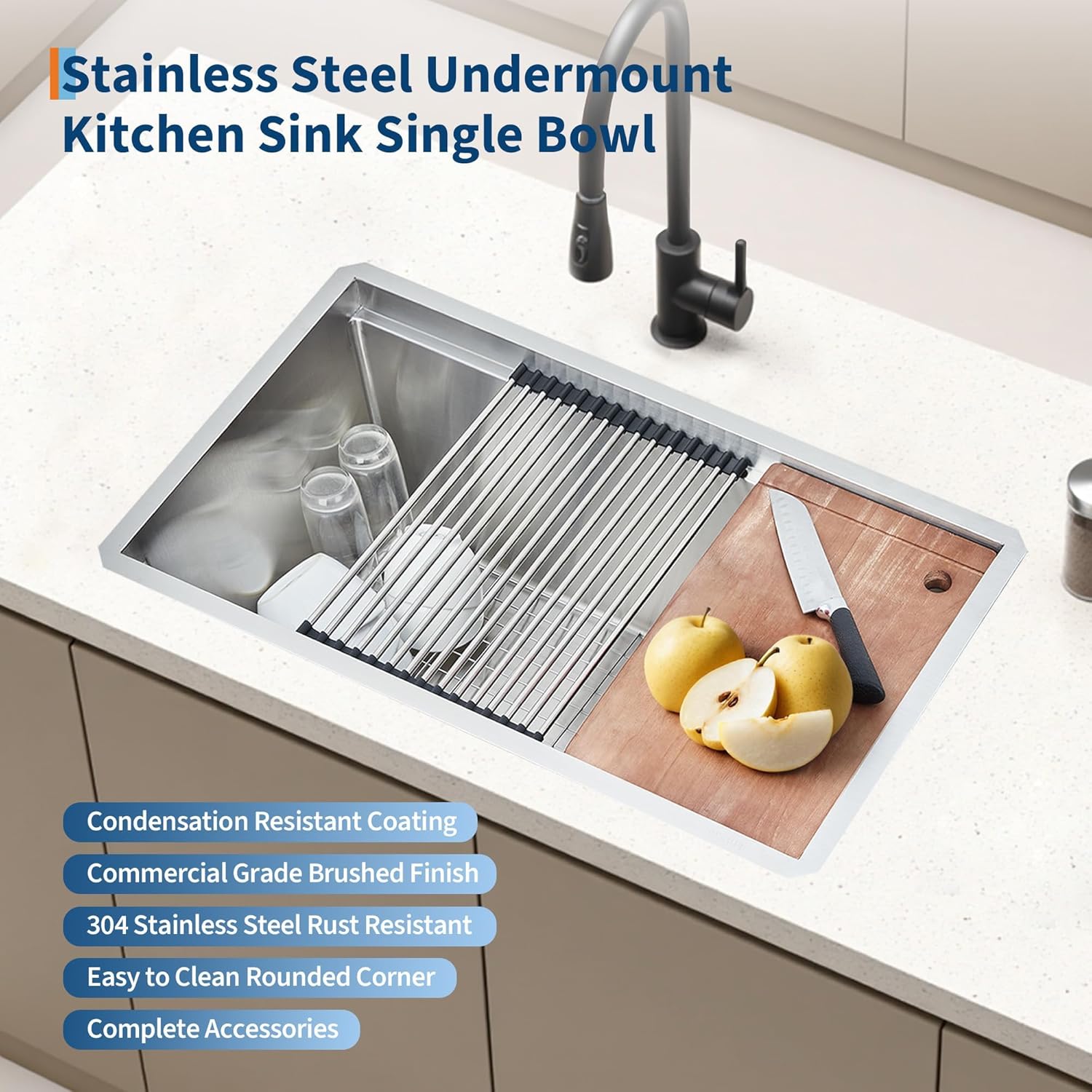 30 X 19 x 10 Inch Stainless Steel Undermount Kitchen Sink, Single Bowl with Accessories and Integrated, Deep Under Counter Kitchen Sinks Basin, Integrated Ledge Design for Modern Home Kitchen