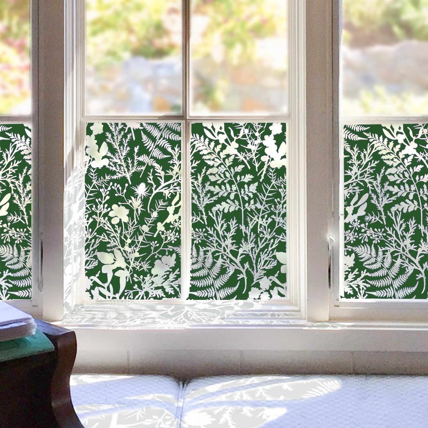 Alwayspon Window Film Privacy for Christmas Decoration, Non-Adhesive Static Cling Stickers, Frosted Window Glass Film for Home Office Window Display Glass, Engraved Green Fern, 6.9x78.7inch
