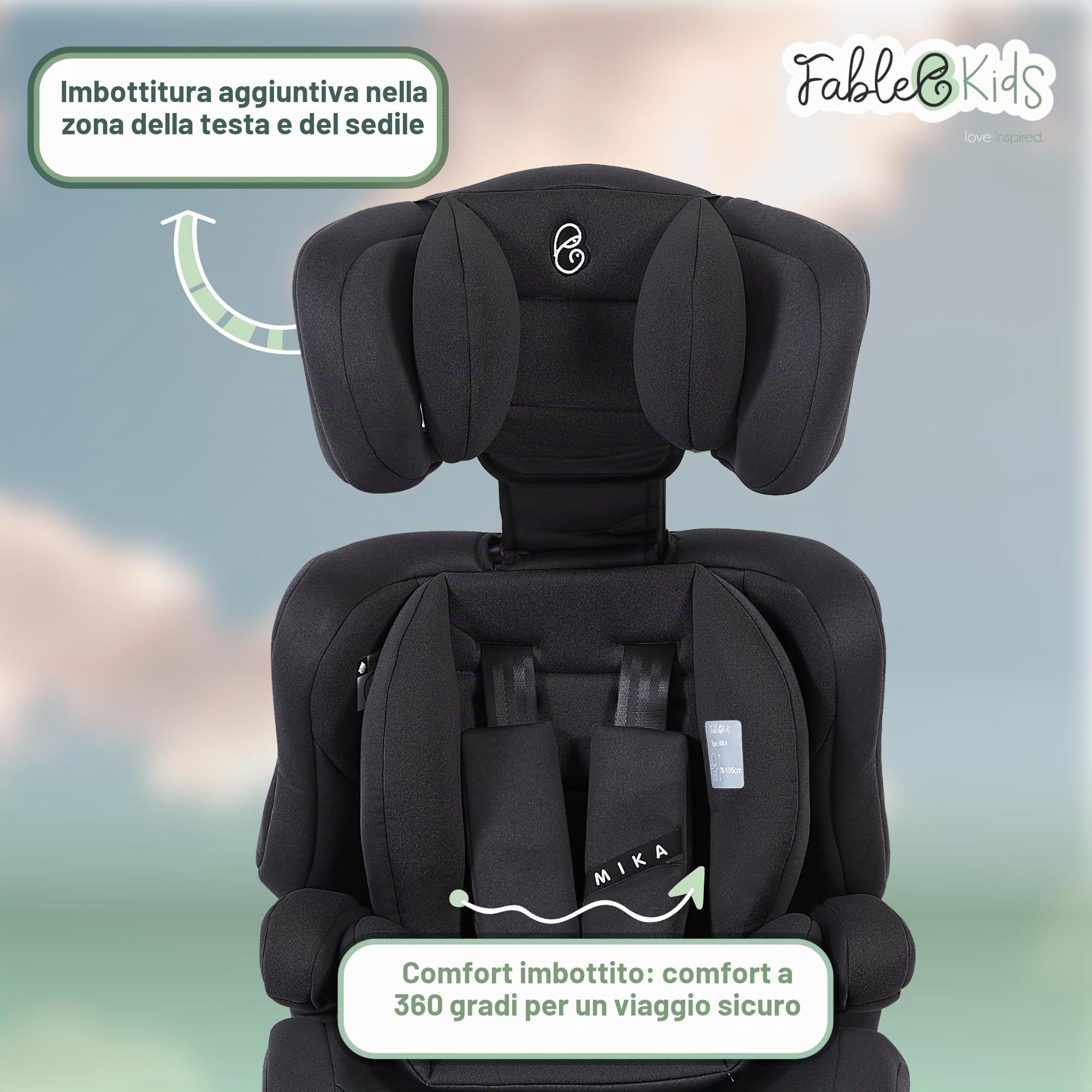 FableKids seggiolino auto per bambini | cintura di sicurezza a 3 punti | Seggiolino auto per bambini 76-150 cm | seggiolino regolabile con poggiatesta | ECE R129 | nero