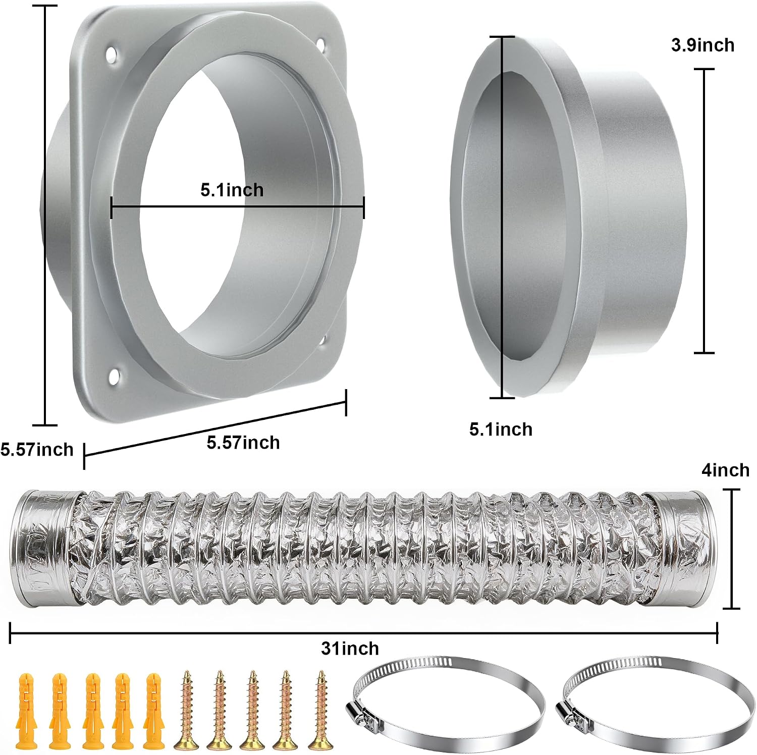 Magnetic Dryer Vent Kit - DV180 Airtight Seal Magnetic Dryer Vent Coupling Easy to Clean Quick Connector Including a 2.6ft 4" Duct and two Clamps (Aluminum alloy silver)