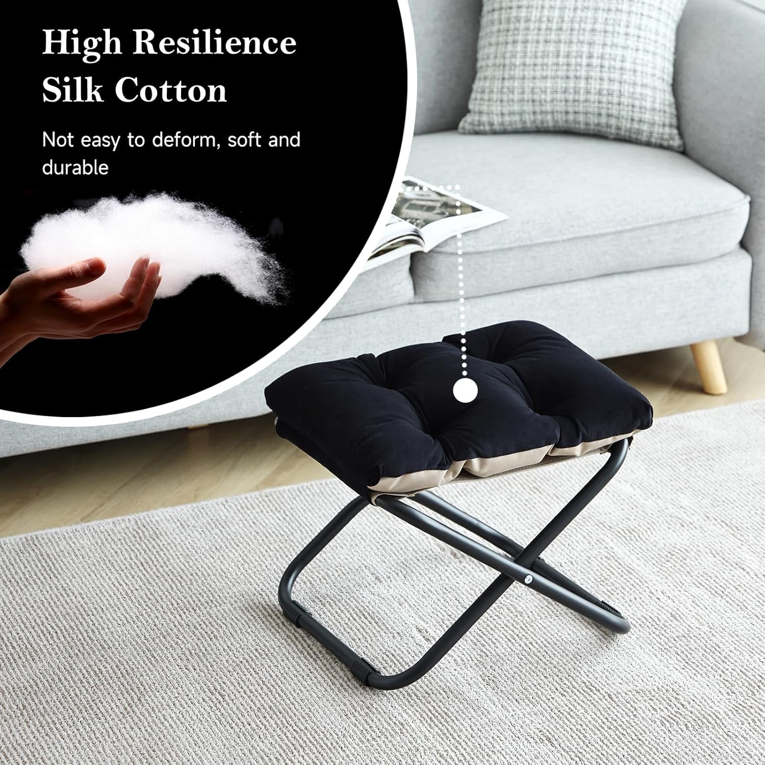 Welnow Folding Foot Stool, Upholstered Small Accent Ottoman with Detachable Thick Cotton Cushion, Padded Sofa Stool with Straight Metal Legs for Lazy Chair, Living Room, Bedroom, Black