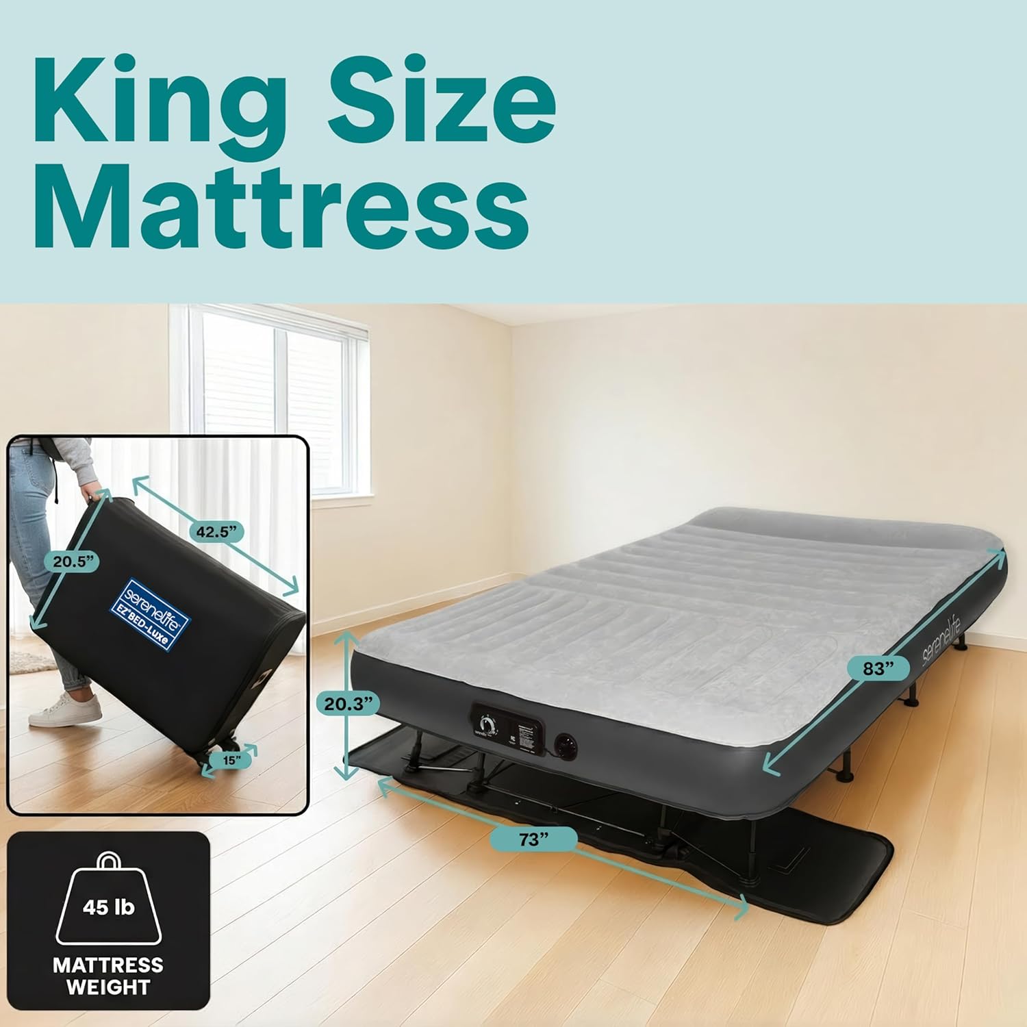 SereneLife (King) EZ Bed Luxe Air Mattress with Frame and Rolling Case - Luxury Series with Bonus Memory Foam Cover, Constant Comfort Pressure Maintaining Pump, Built-in Headrest, Wall Plug AC