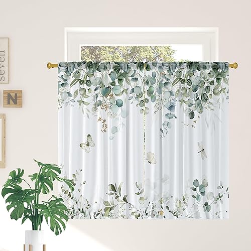Hilioens Cortinas de cocina con hojas de eucalipto verde salvia, acuarela, primavera, botánica, floral, para baño, cortinas bohemias para