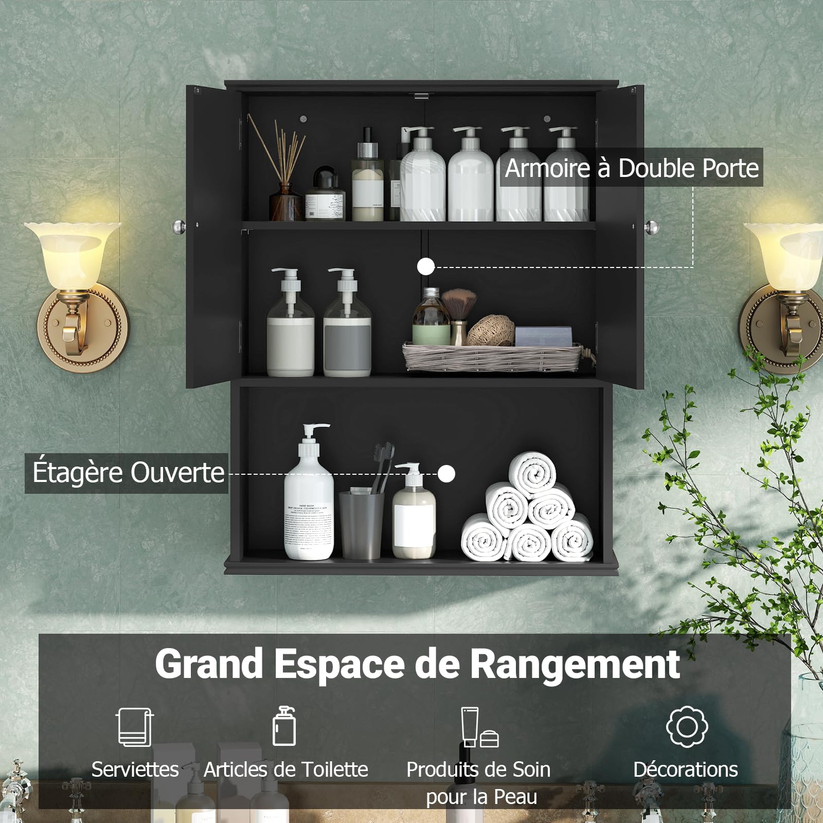 COSTWAY Armoire Murale Salle de Bain, Meuble WC Suspendu avec 2 Portes, Étagère Réglable, Compartiment Ouvert, Style Ferme, Gain de Place, pour Toilette, Buanderie, Cuisine, 21 x 60 x 75 cm (Noir)