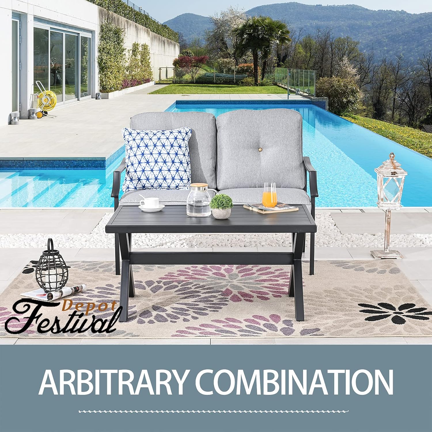 Festival Depot 2 Pcs Patio Loveseat with Thick Cushions and Coffee Table Metal Small Conversation Set Outdoor Furniture for Garden Bistro (Beige)