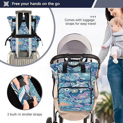 Miniatura 4 de Diaper Bag Backpack, Floral Print Nylon Multi-Pocket Mommy Bag with Wipe Pocket, 11.02x5.91x15.3 Inches, Navy Blue with Pink Flowers