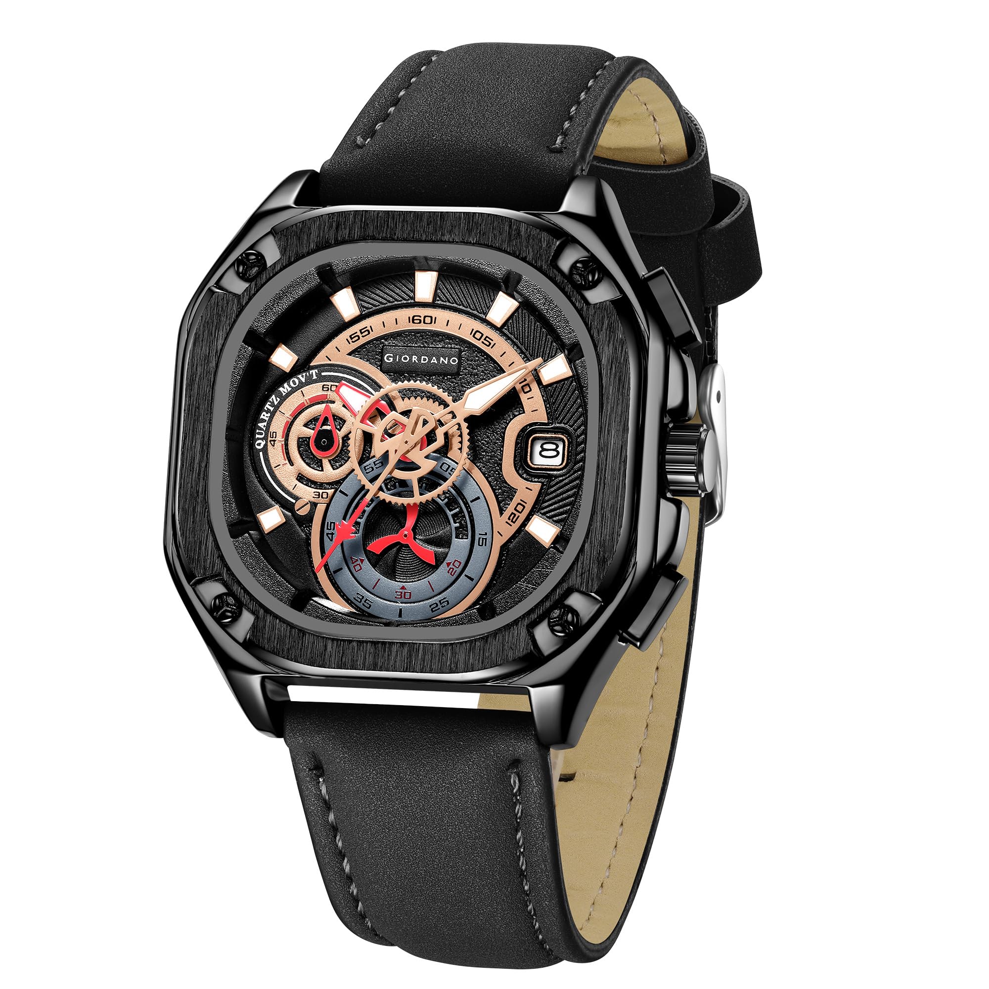 Analog Quartz Watch for Men – Multi-Dial Chronograph Style with Gear Dial Design, Octagon Case, Leather Strap & Date Display, Casual Sports Watch - GZ-50156-image-24