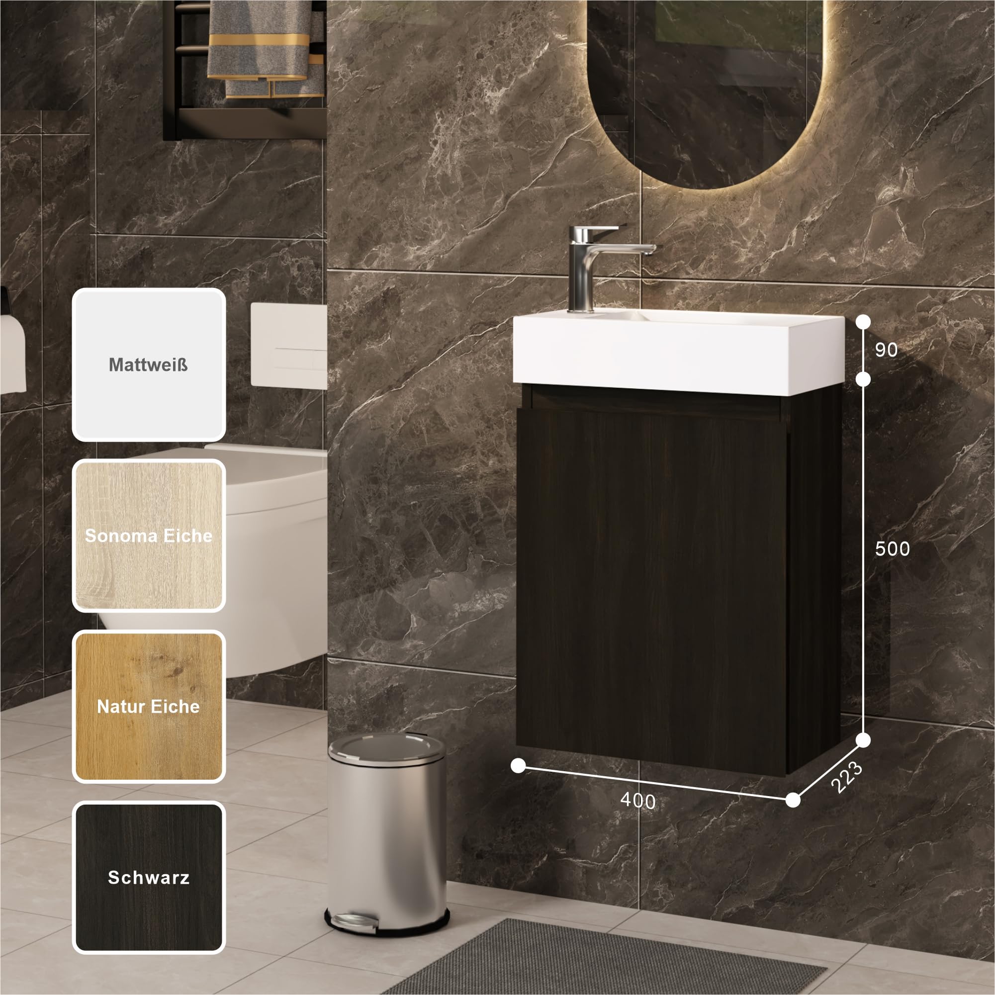 Waschtisch mit Unterschrank 40 cm- Badmöbel Set mit Waschbecken, Vormontiert Waschbeckenunterschrank Klein für Bäder, Gäste WC(Schwarz)