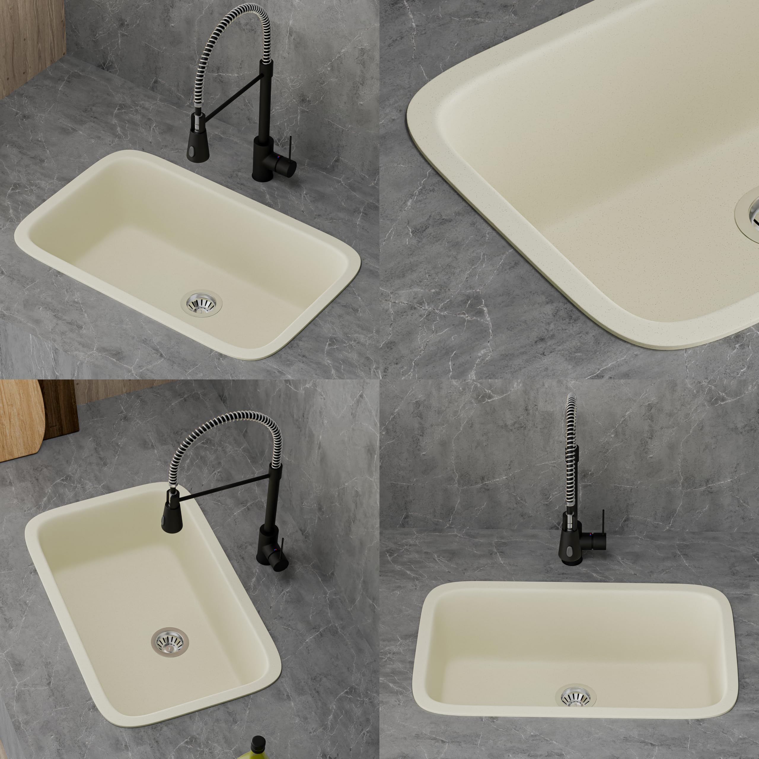 HISRE Quartz Single Bowl Kitchen Sink with Round Corners | 31x19x10 Inches | Noise Reducing Durable Easy to Clean Scratch Resistant Kitchen Sink for Modern Homes | Crema, photo 4 of 5