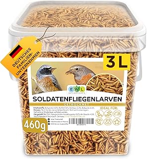 EWL Naturprodukte Soldatenfliegenlarven getrocknet 3 ltr. Premium Insektensnack Vögel, Fische, Schildkröten, Nager, Reptilien, Vogelfutter Wildvögel Ganzjährig Eichhörnchen Futter Igelfutter, 460g product image