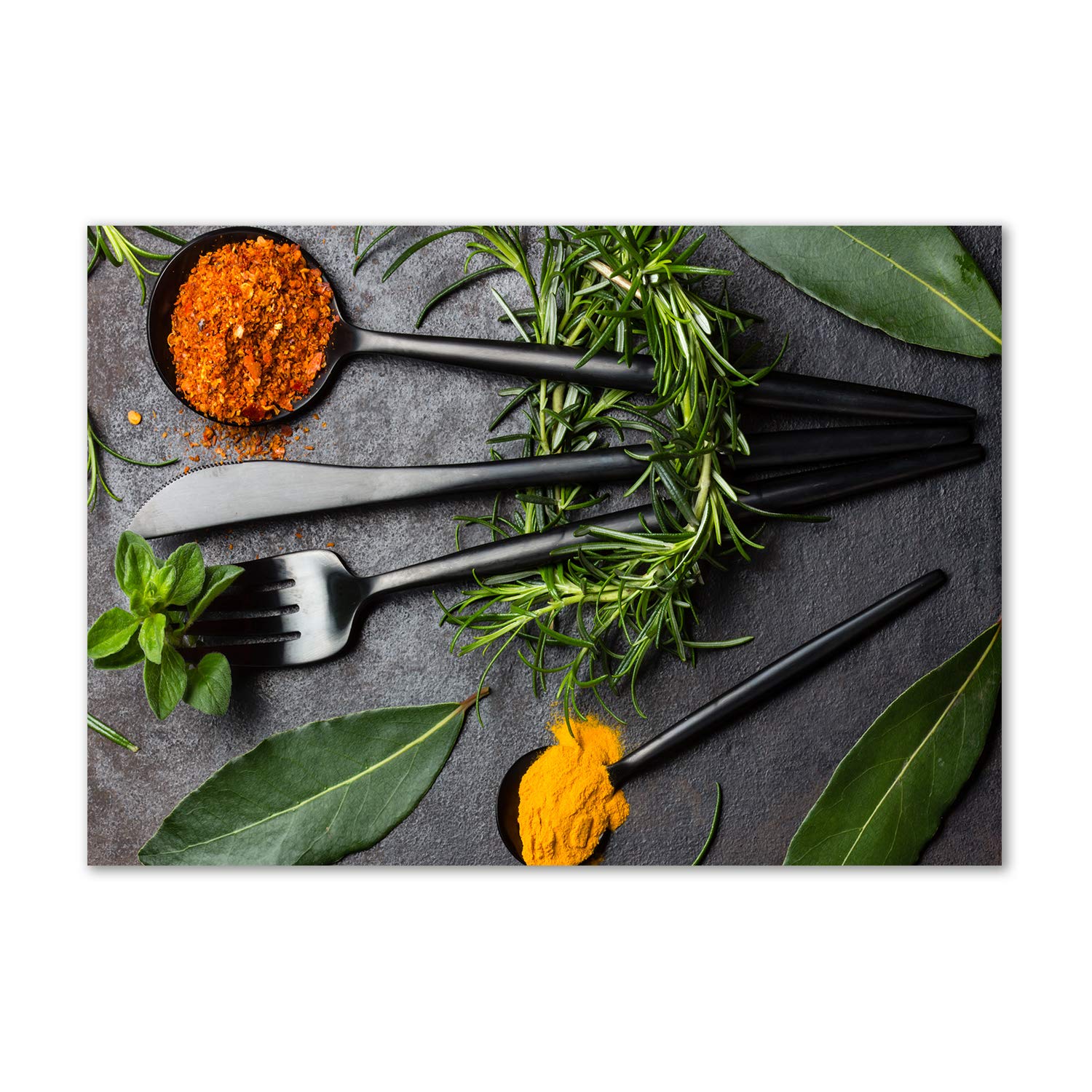 Tableau en verre acrylique Cubiertos y especias pour décoration cuisine