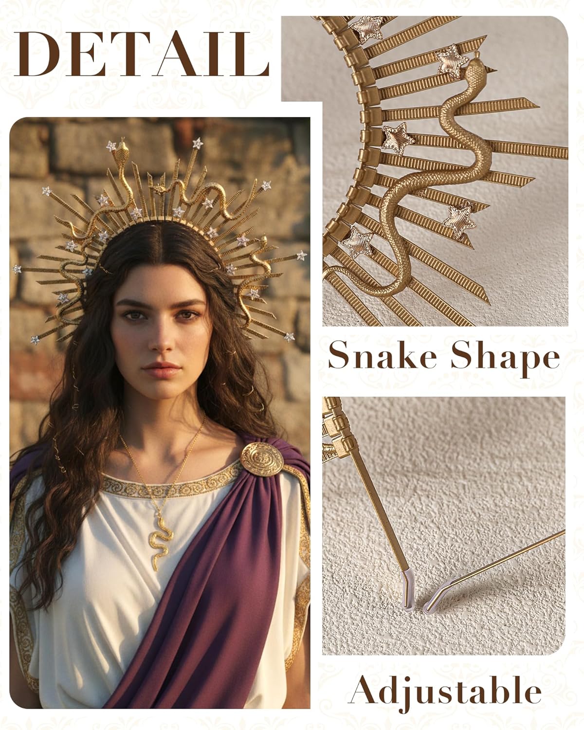 Halloween Medusa Costume Accessories Set, 3 Pcs Renaissance Gold Sunburst Witch Snake Halo Crown with Earring Necklace, Renfaire Sun Greek Goddess Headpiece for Women Cosplay Party - Image 3