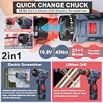HUIOP 16.8V 2in1 Lithium Drill Electric Screwdriver Multi-Function Power Tool 45Nm Torque Brushless Motor Practical Screw Driver for Home Appliances Furniture Installation Automotive E