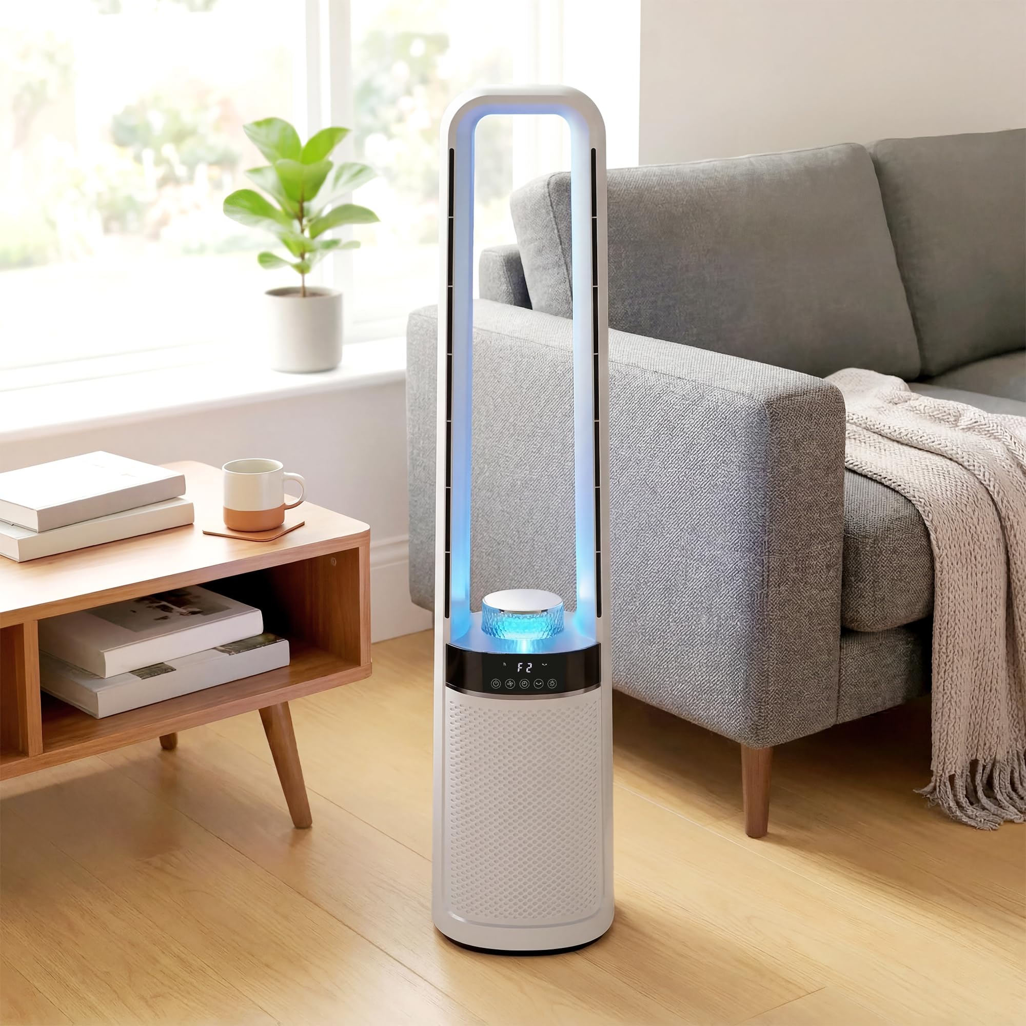 HOMCOM Ventilatore a Torre Senza Pale per Camera da Letto, 3 Velocità, Silenzioso 36dB, con Oscillazione a 45°, Luci LED, Timer 12H, Telecomando, 94 cm, Bianco