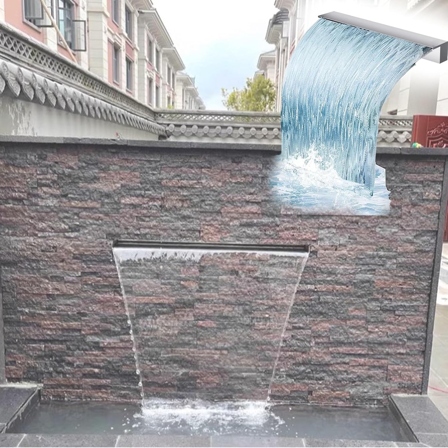 Waterfall Spillway for Outdoor Ponds ， Customizable Stainless Steel Wall Fountain Spout with Soft Tube & Sealing Tape, Ideal for Artificial Water Features