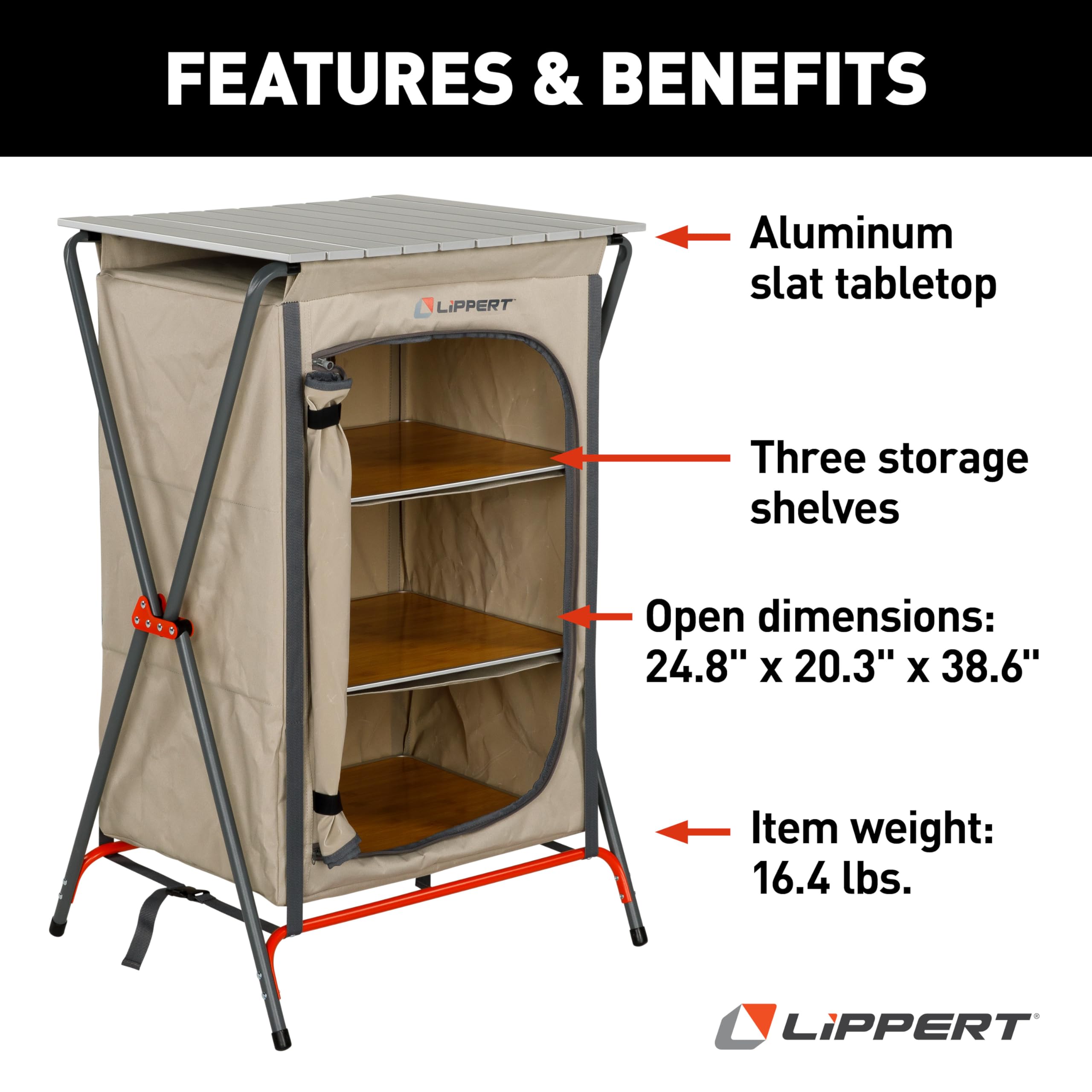 Lippert Sand Outdoor Folding Camping Pantry with Three Storage Shelves, 600D Polyester Fabric, Powder-Coated Steel Frame, Aluminum Slat Top, Collapsible Design - 2023053723