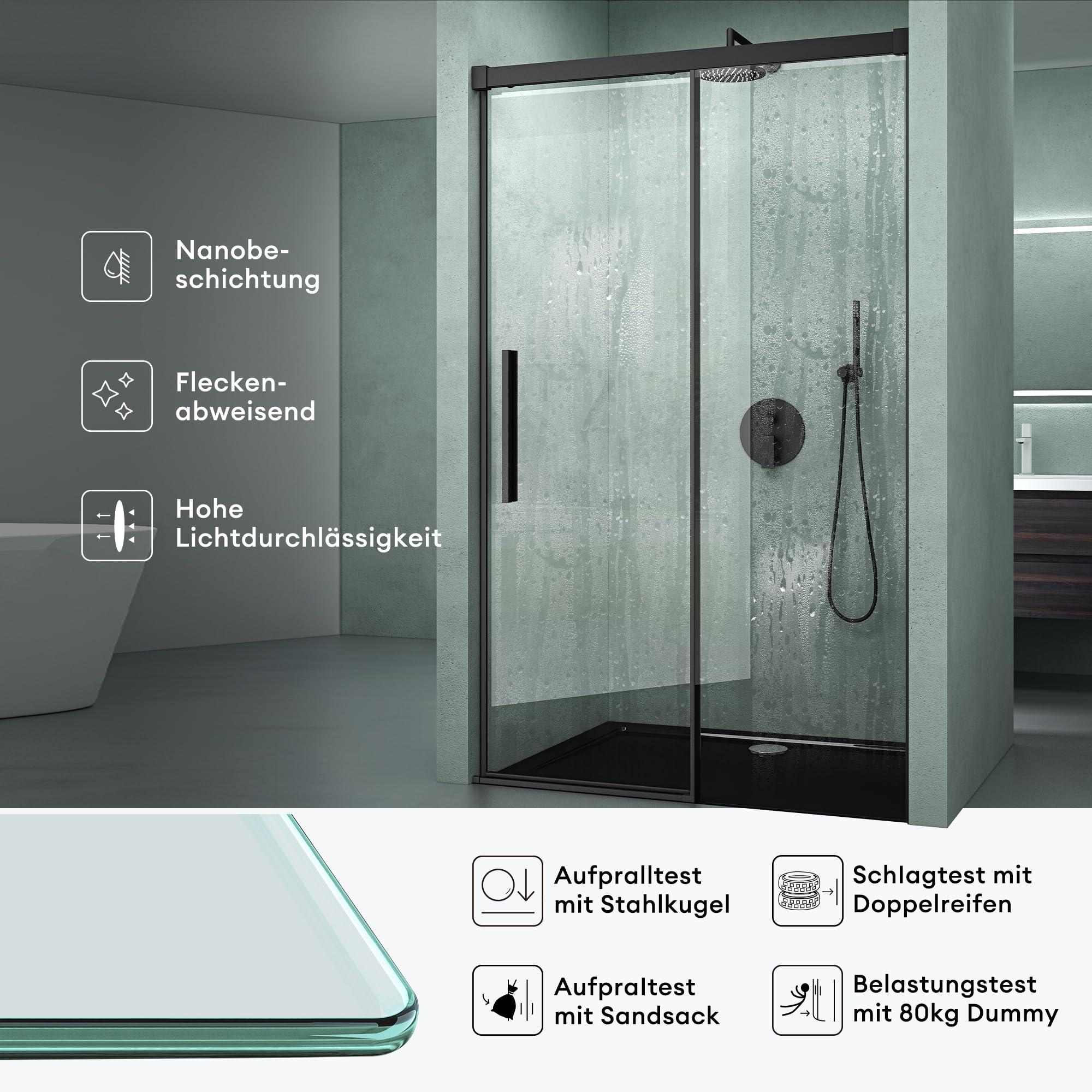 Mai & Mai Duschtür Nischentür dusche Duschabtrennung Duschkabine 130x195cm Schwarz Nischenschiebetür 6mm ESG-Sicherheitsglas inkl. Soft-Close Teramo12K