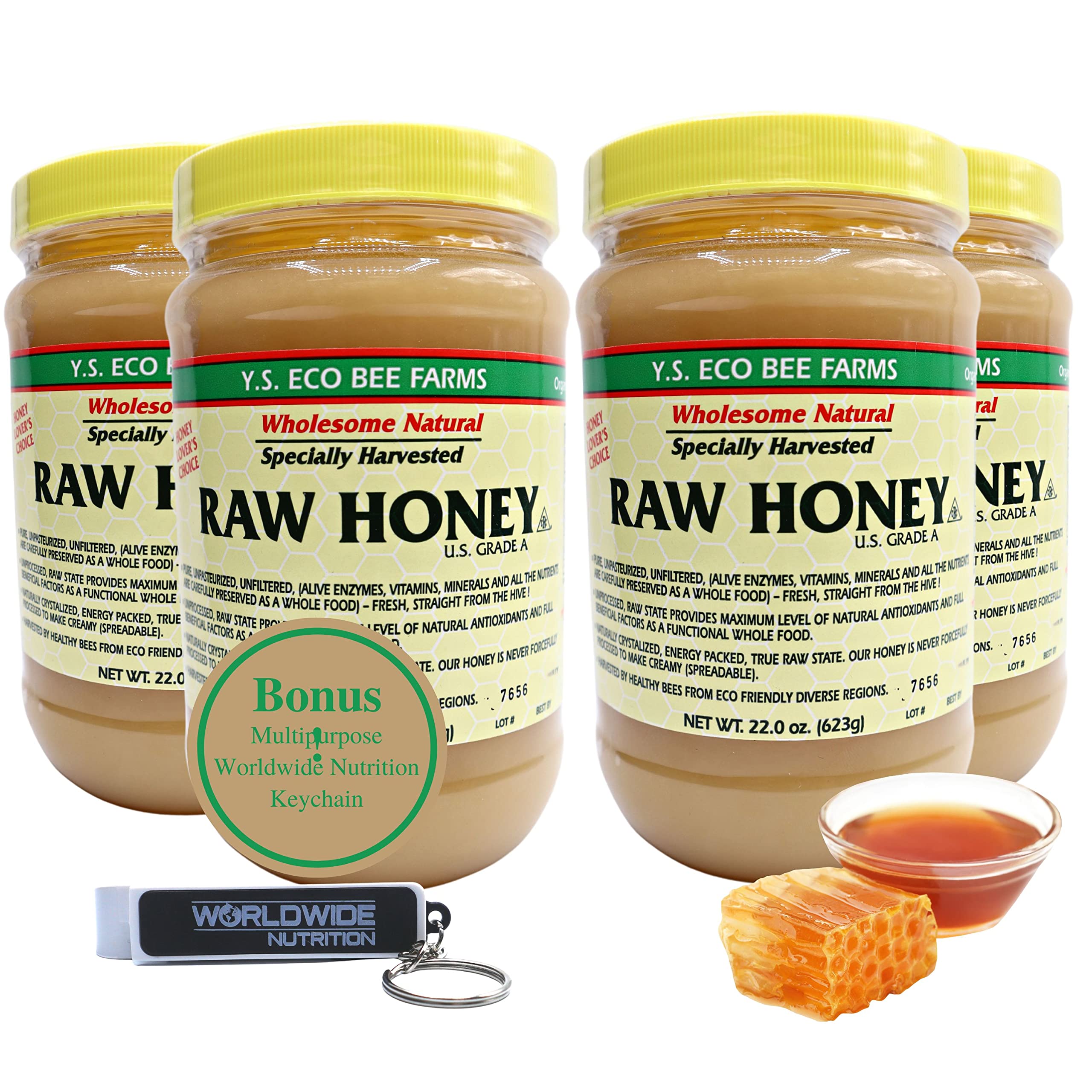 Y.S. Eco Bee Farms, Wholesome Natural Raw Honey, Unpasteurized, Unfiltered, Fresh Raw State, Kosher, Pure, Natural, Healthy, Safe, Gluten Free, Specially Harvested, 22oz - 4pk with Bonus Key Chain