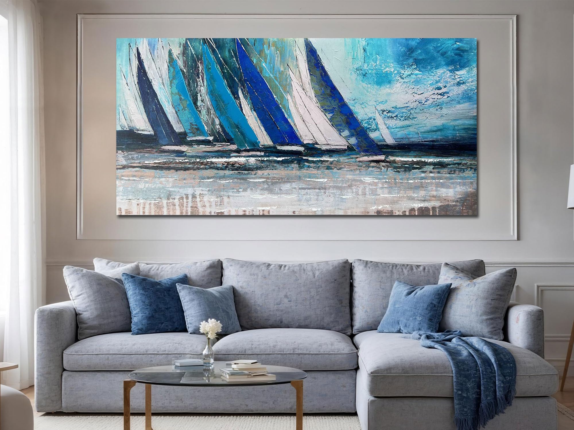 Canvas Wall Art Abstract Blue Ocean Sailboat Picture Modern