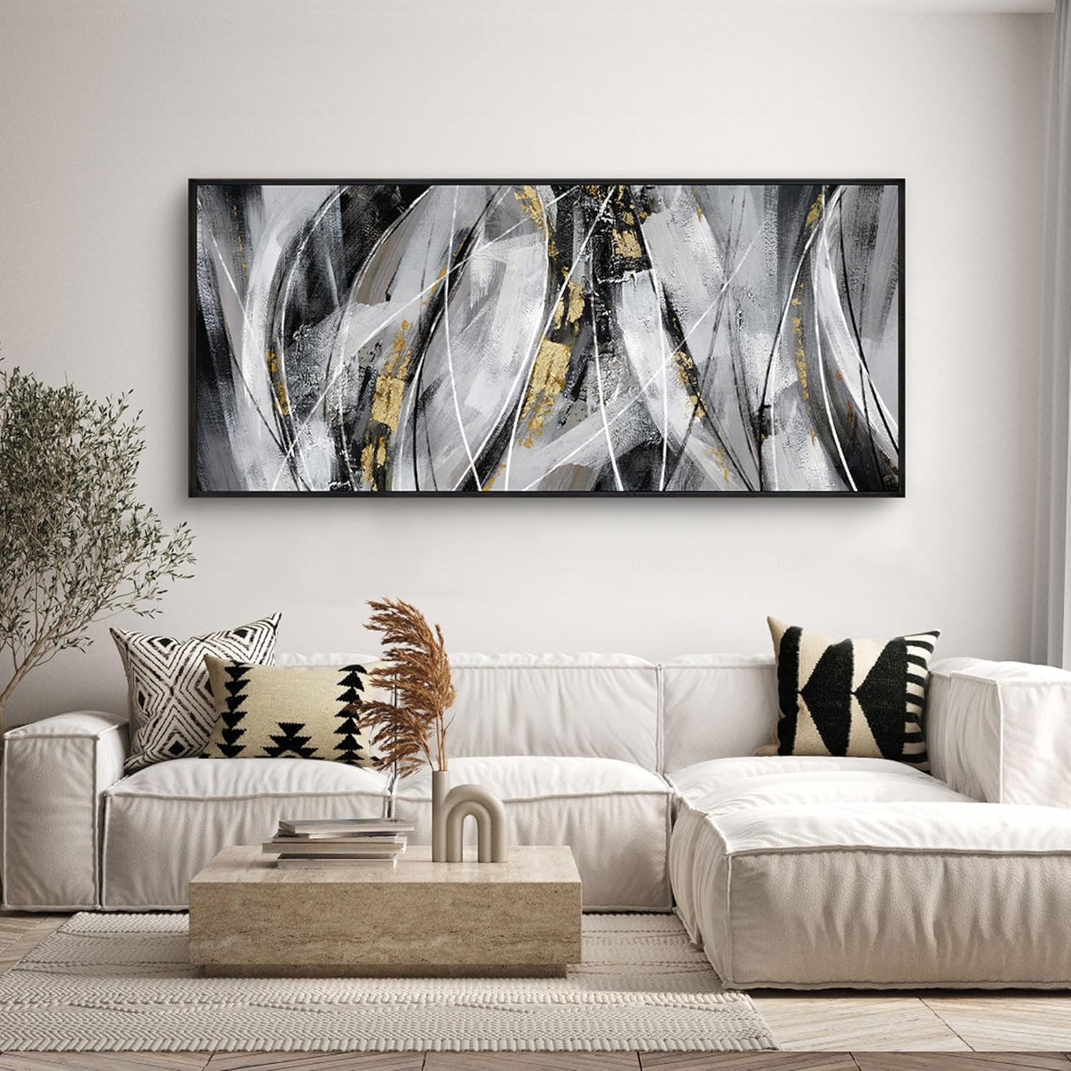 KLAKLA Modern Abstract Gray and Brown Designs - Colorful Curves and Translucent Medium - Frame Wall for Living Room Office Wall Decor Picture Artwork for walls