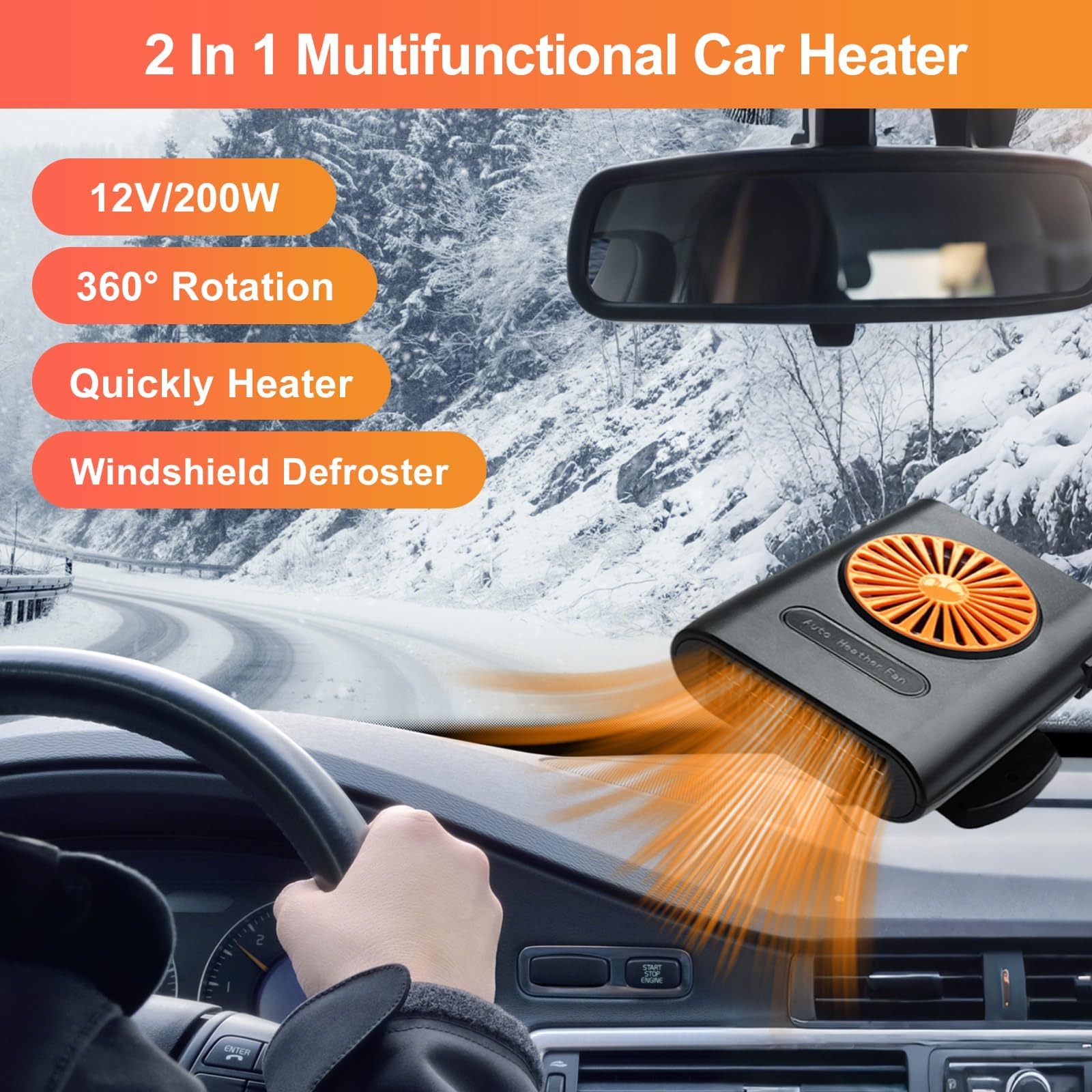 Chauffage de Voiture Portable 12 V 200 W - Chauffage Rapide pour véhicules - Fonction Chauffage et Refroidissement 2 en 1 - Dégivreur de Pare-Brise - Prise dans l'allume-Cigare