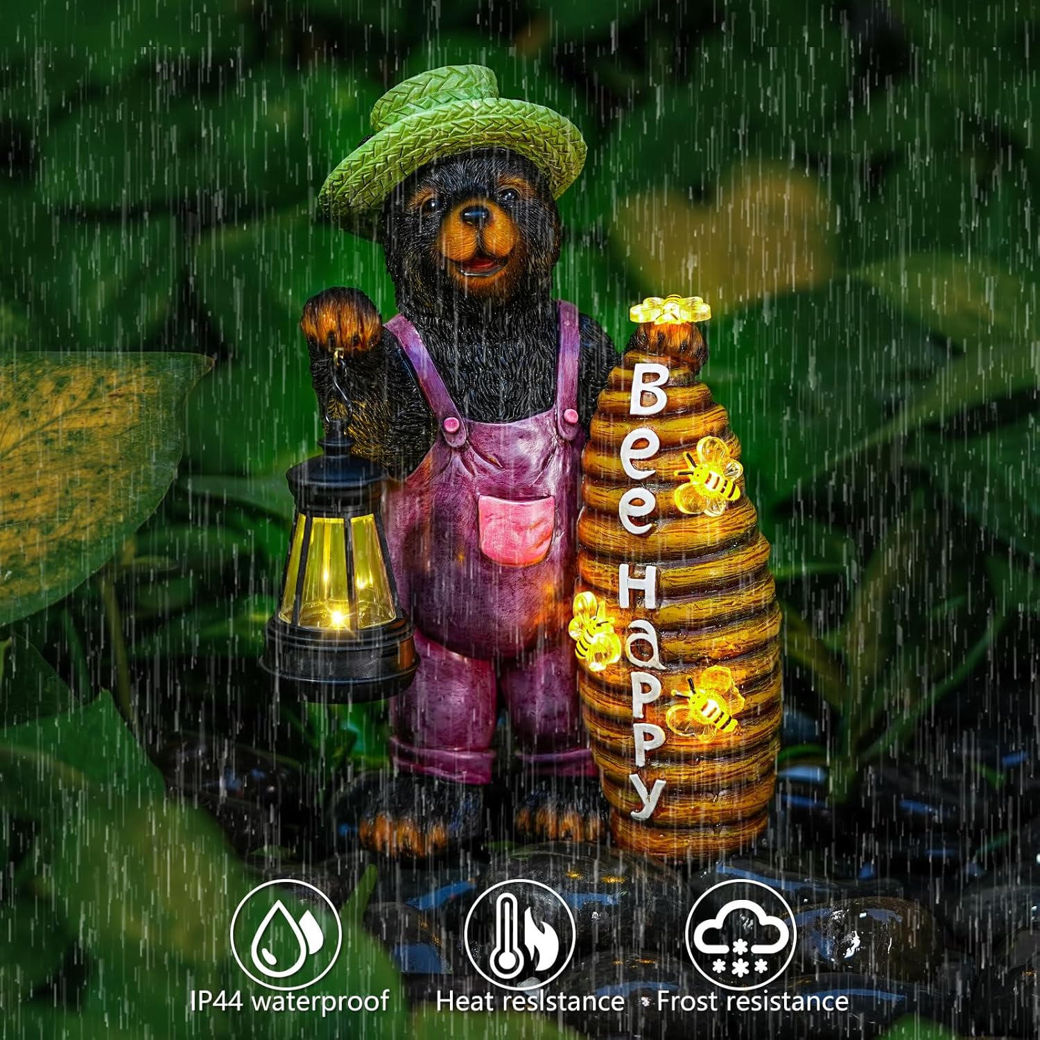Joint Honglin Solar Adorable Bear Garden Statue with Beehive and Lantern - “Bee Happy” Resin Outdoor Decoration for Yard, Patio, or Home Decor