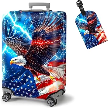 Elastic Suitcase Covers for Luggage, American Flag Eagle Washable Waterproof Dustproof Luggage Cover with Adjustable Straps & Cute Baggage Tag L, Fits 26/27/ 28 Inches