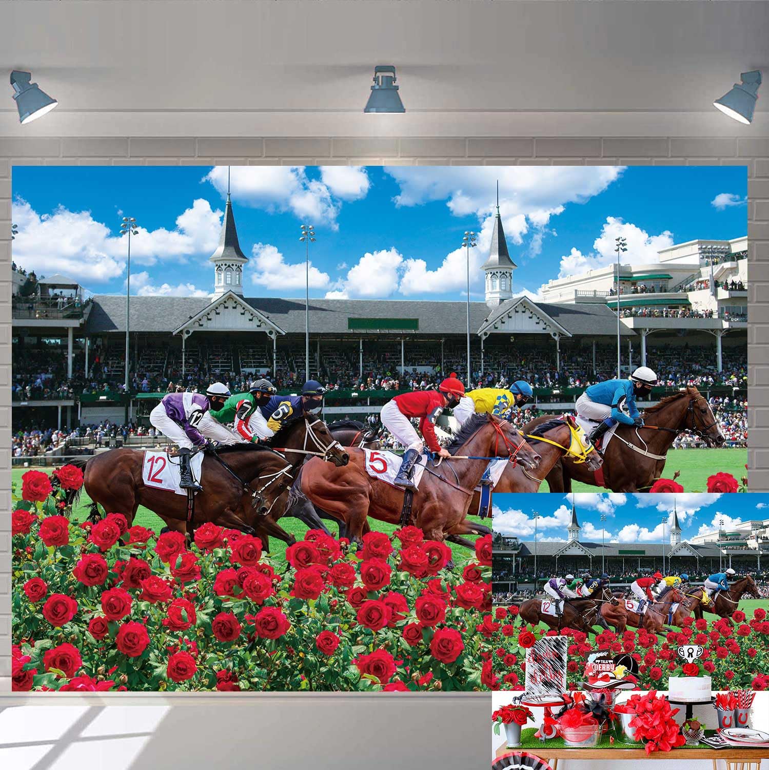 Red Rose Garden Racecourse Photography Background 7x5FT Horse Racing Run for The Roses Banner Horse Party Decorations Supplies