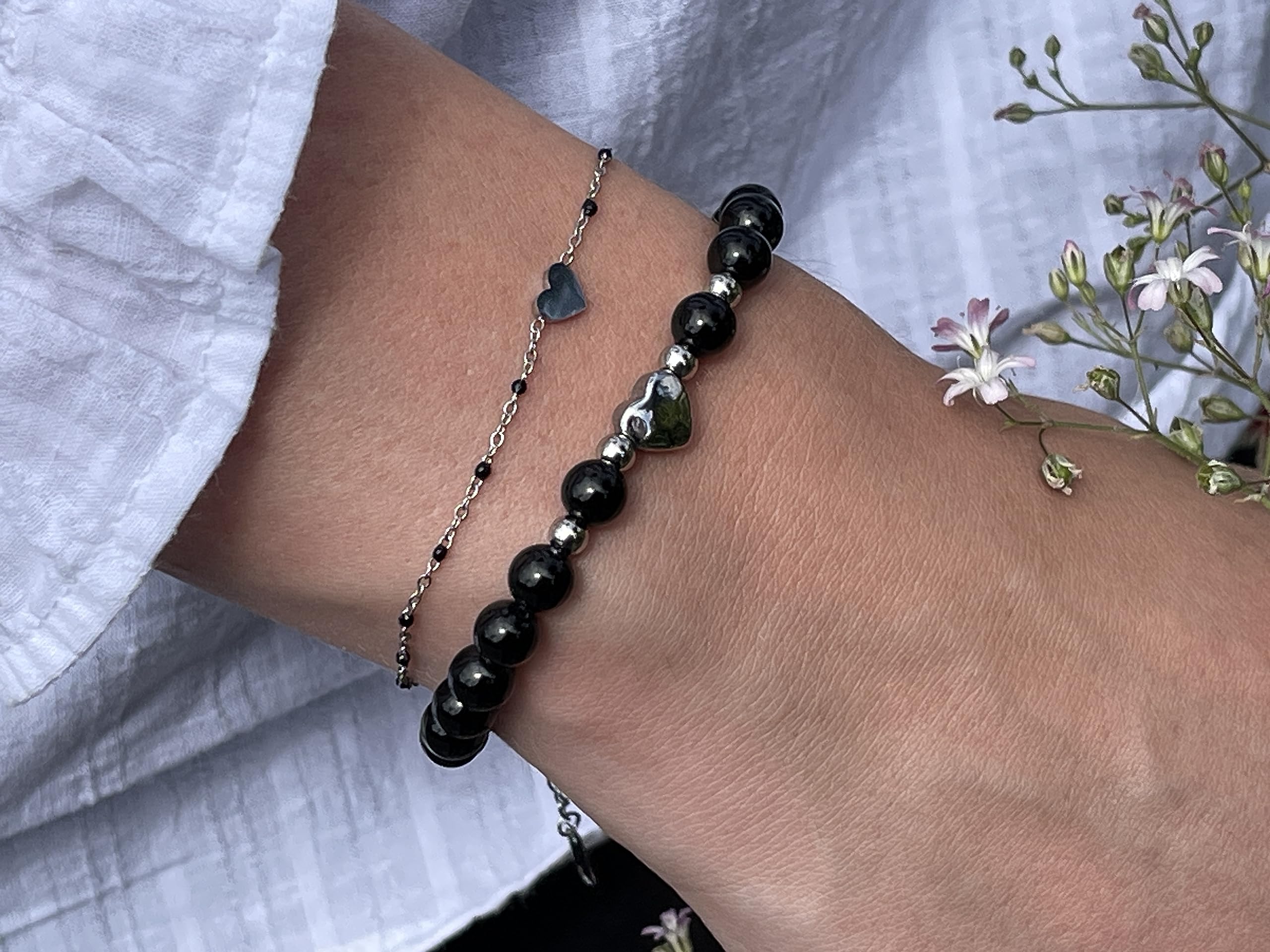 Turmalin Armband mit Schwarzen Perlen 6mm - Herz Edelstahl Silber Gold Roségold oder Ionisiert - Edelstein nach Wunsch - Handmade Personalisierbar