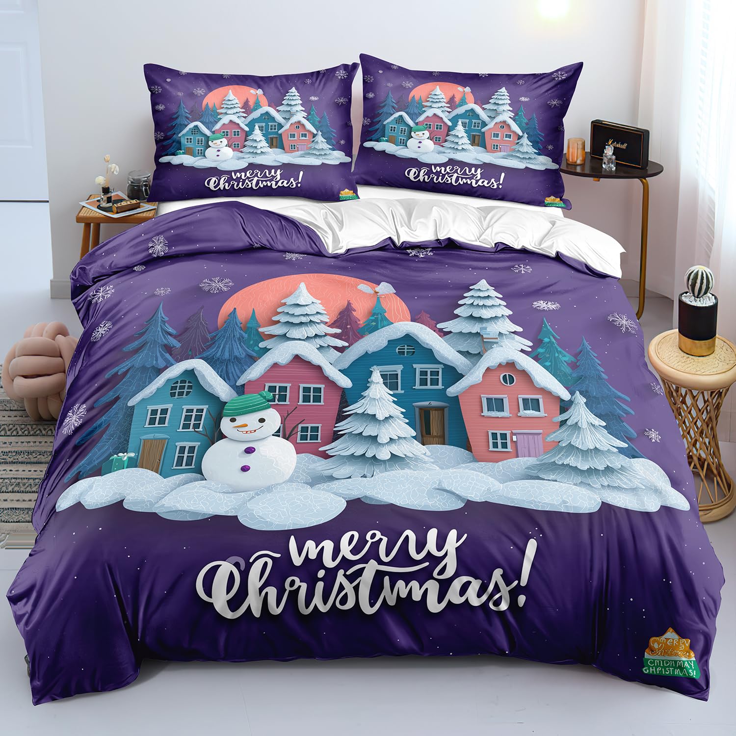 Housse de Couette Joyeux Noël Violette en Microfibre avec sa Taie d'Oreiller Assortie
