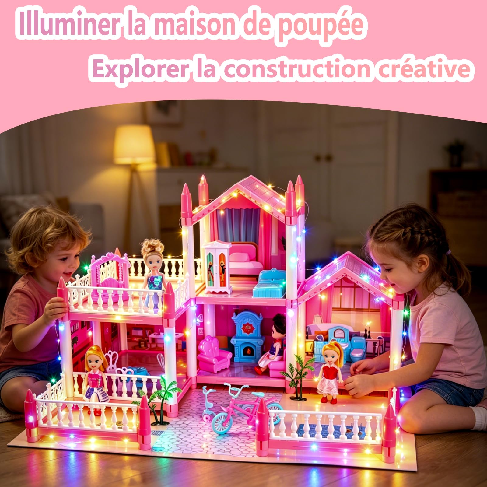 Maison de poupée pour filles avec lumière, tapis de jeu, poupées et meubles pour enfants de 3 à 8 ans